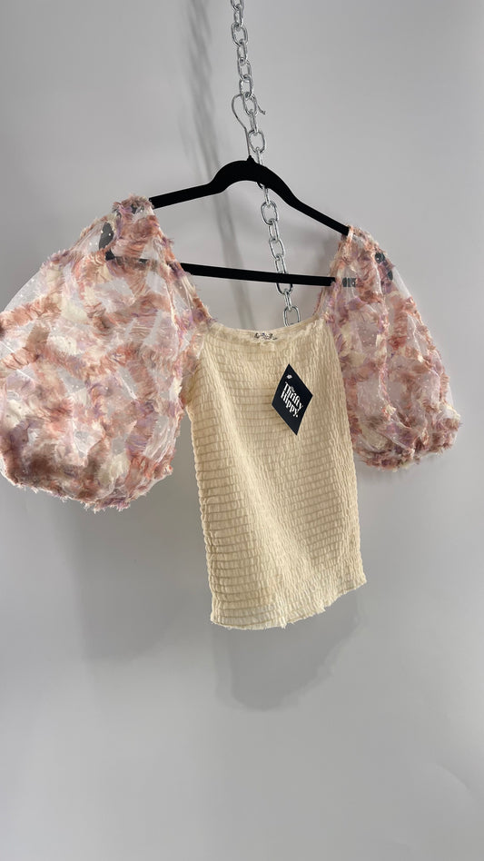 Free People Flower Girl Delicate Romantic Puff Sleeve Top with Smocked Mesh Body (Small)