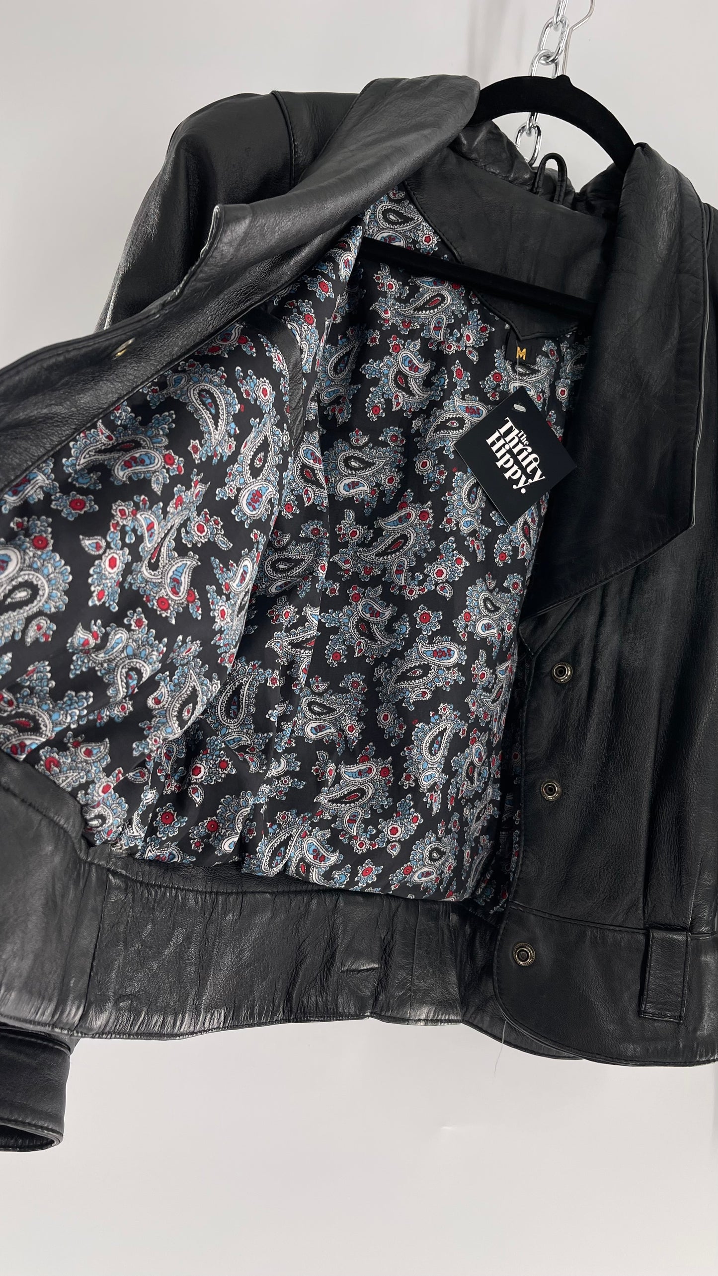 Vintage Black Leather Cropped Motorcycle Jacket (Medium)
