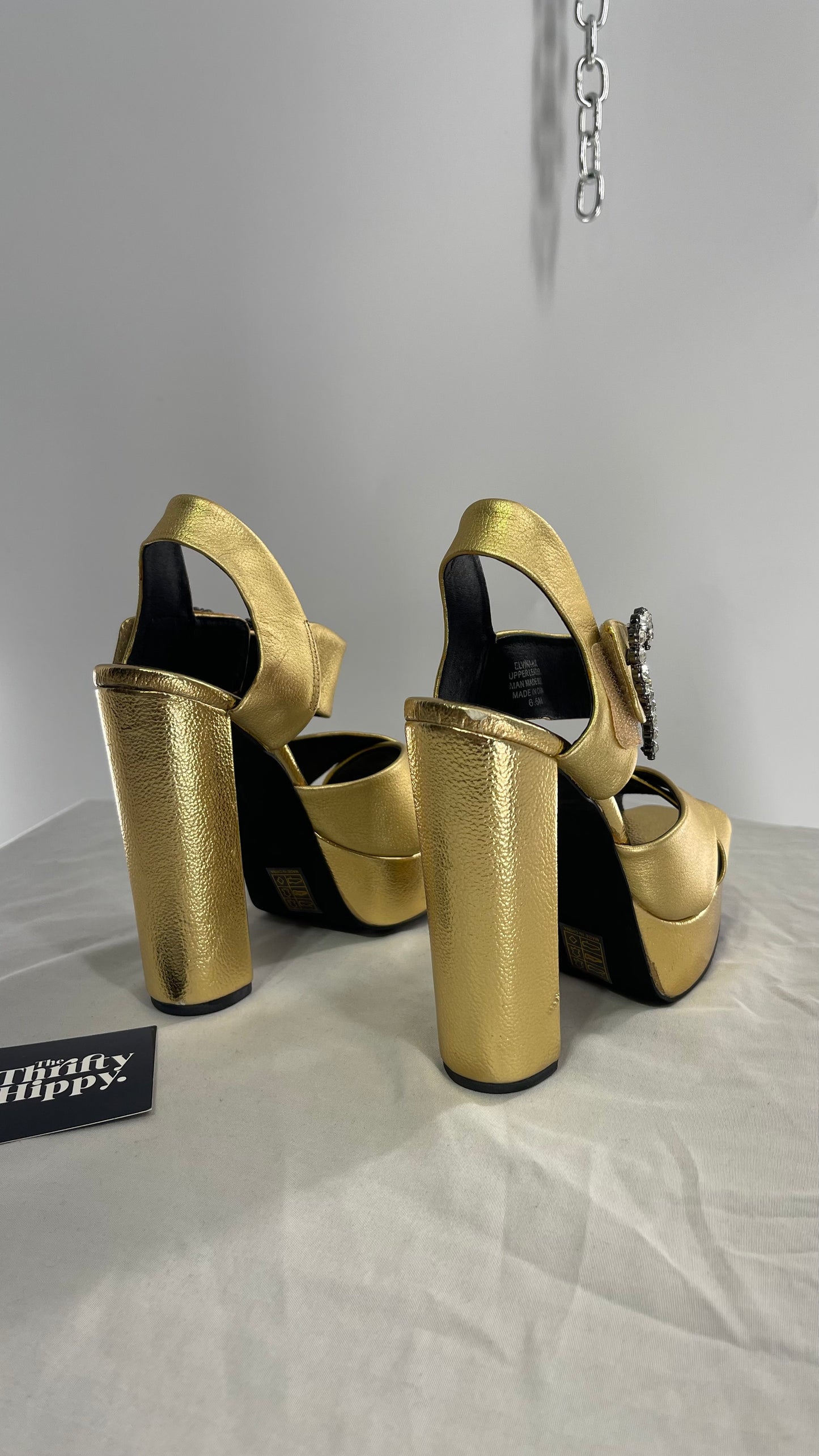 Jeffrey Campbell Metallic Gold Chunky Gold Platform Heel with Rhinestone Heart Buckles (6.5)
