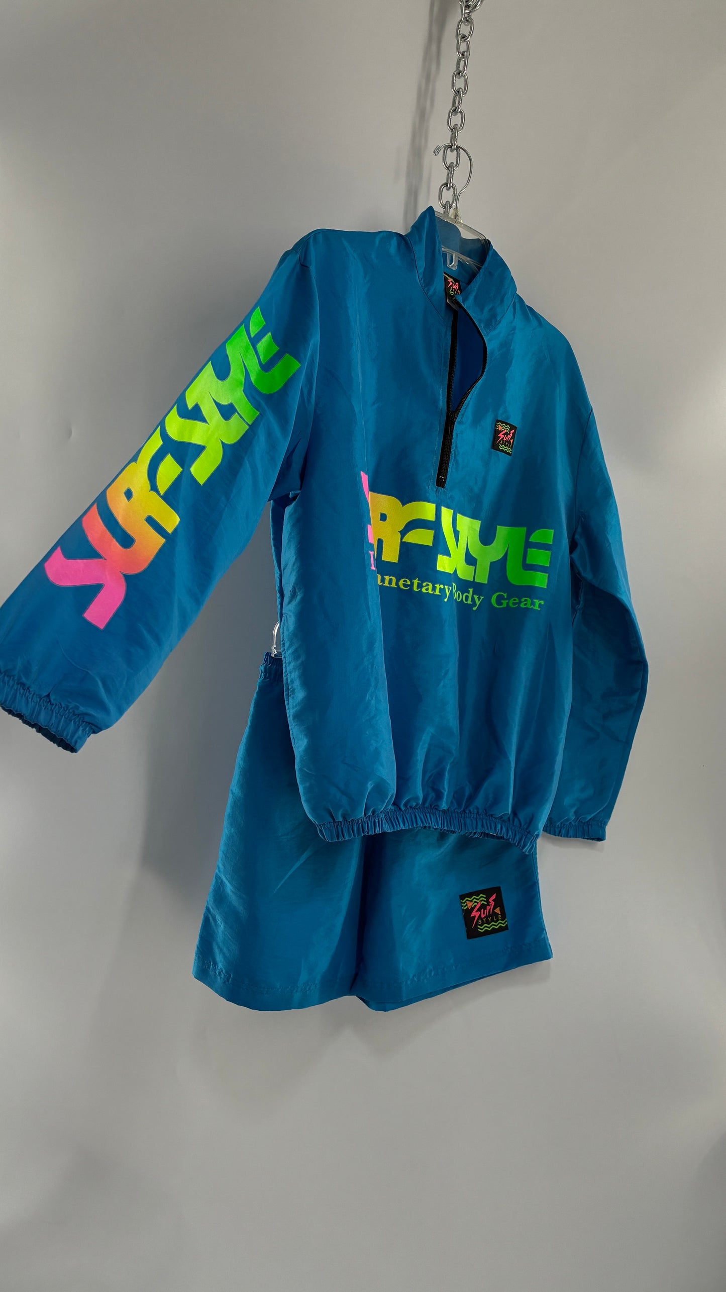 Vintage 1980s SURF STYLE Unisex Blue Track Workout Set with Windbreaker and Shorts, Neon Graphics (Small)