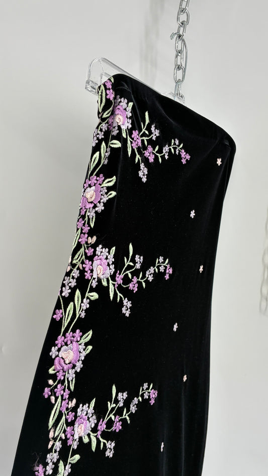 Vintage ROBERTA 1990s Black Velour Strapless Dress with Embroidered Flowers (Medium)