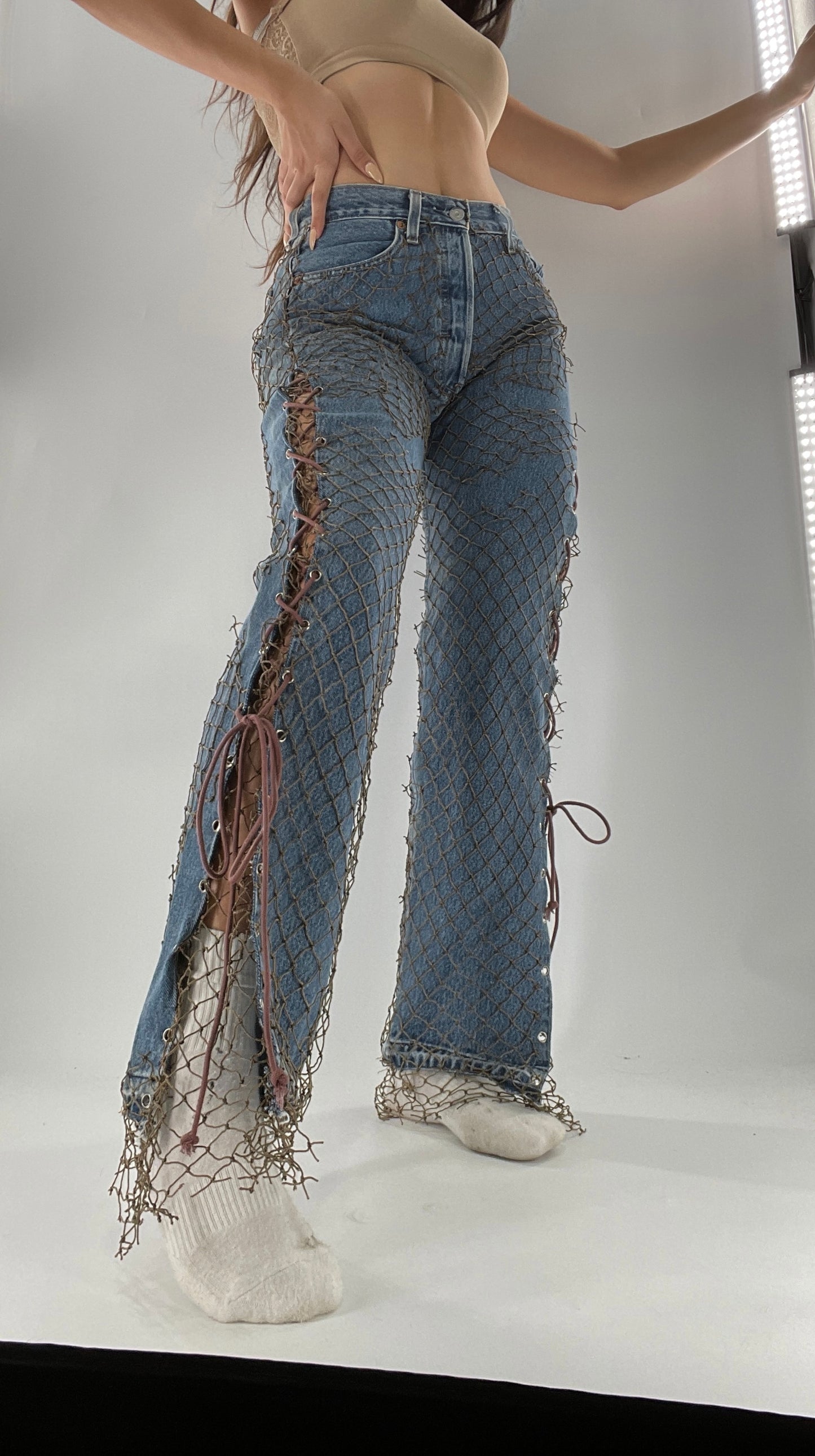 Custom - Fishnet Levi’s with Grommets and Lace Up Sides (Waist 29 Length 30) Fits Like a 26*