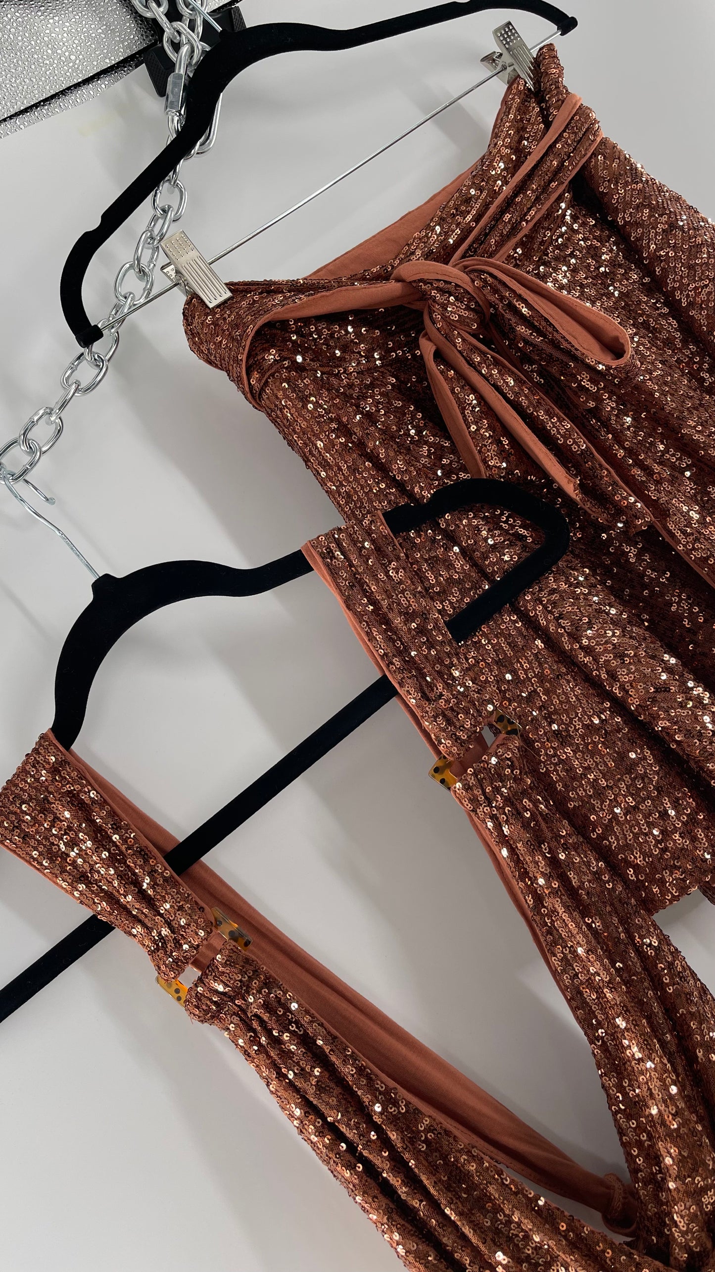 Free People Bronze Sequin 2Piece Set with Wrap Around Skirt and Bodysuit (XS body, S Skirt)