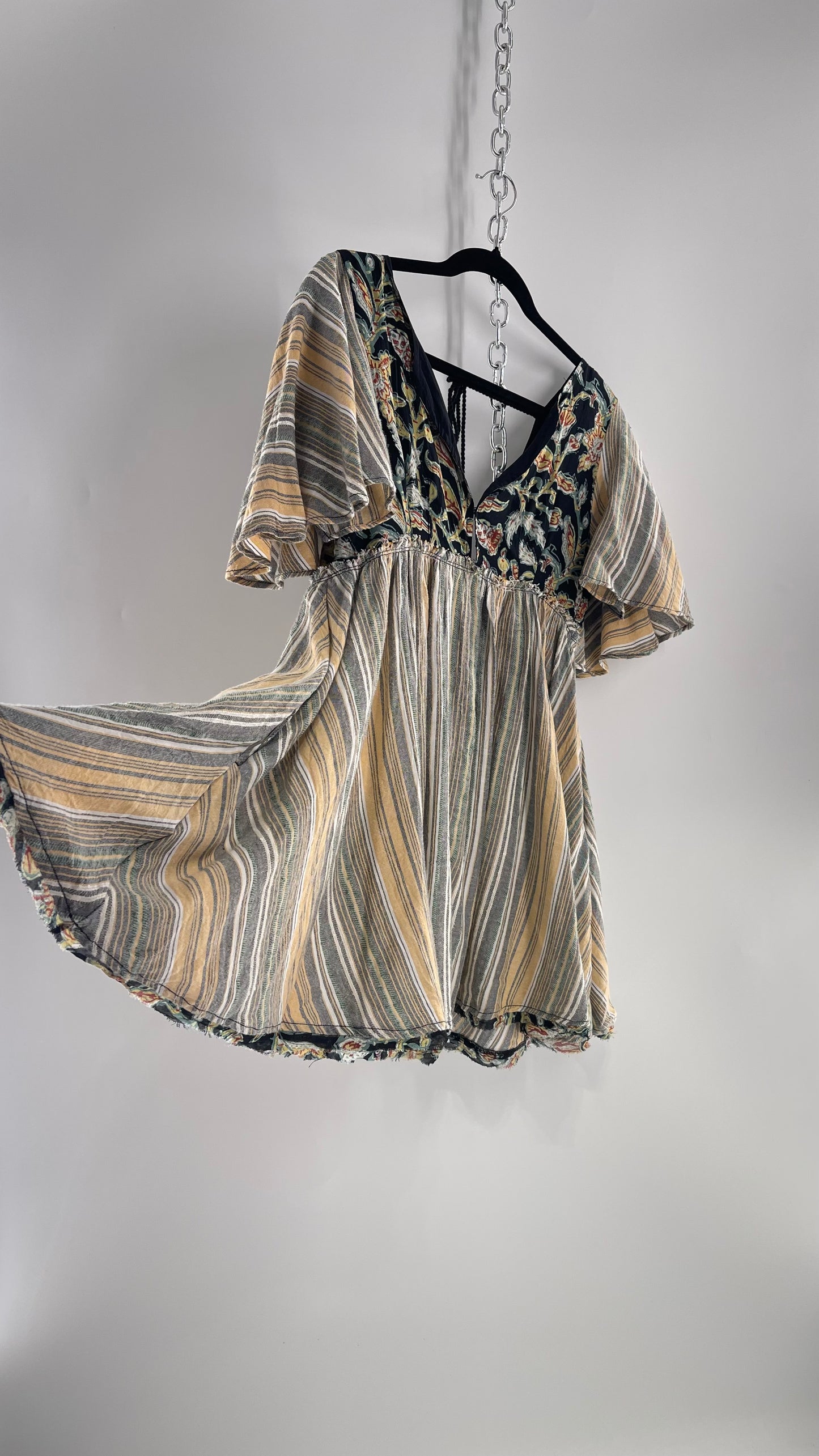 Free People Dual Fabric Floral/Woven Boho Babydoll Mini Dress (XS)