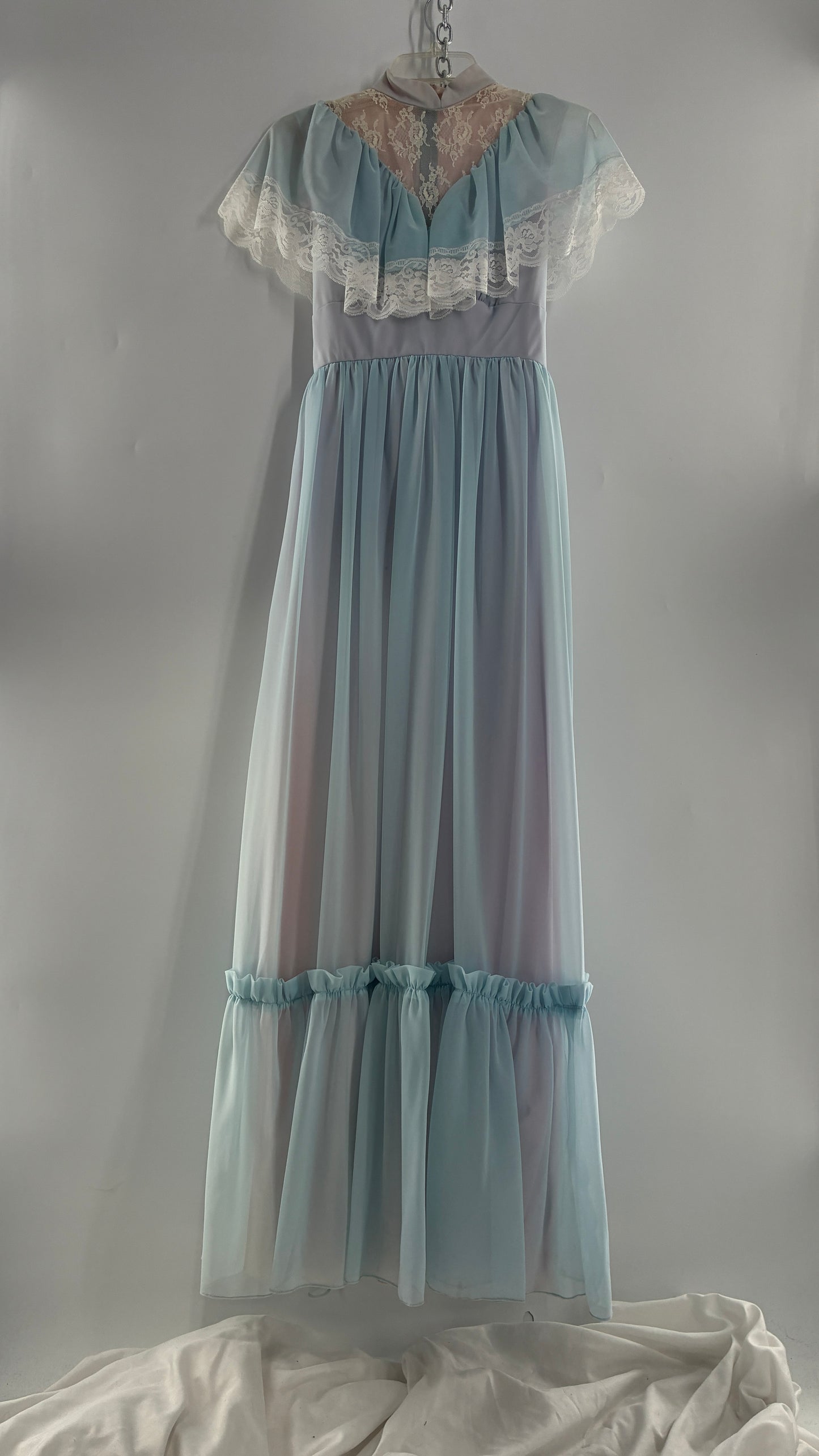 Vintage Handmade 1960s Powder Blue Overlay, Lilac Underlay Gown, Prairie Wedding Dress