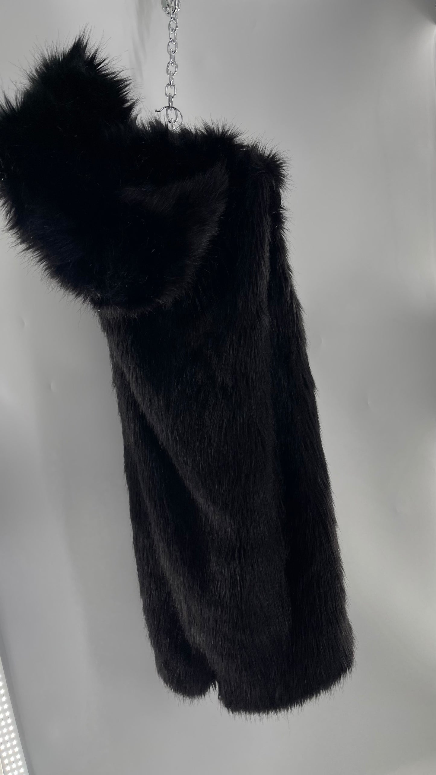 Full Length Black Fuzzy Sleeveless Vest with Oversized Hood (Medium)