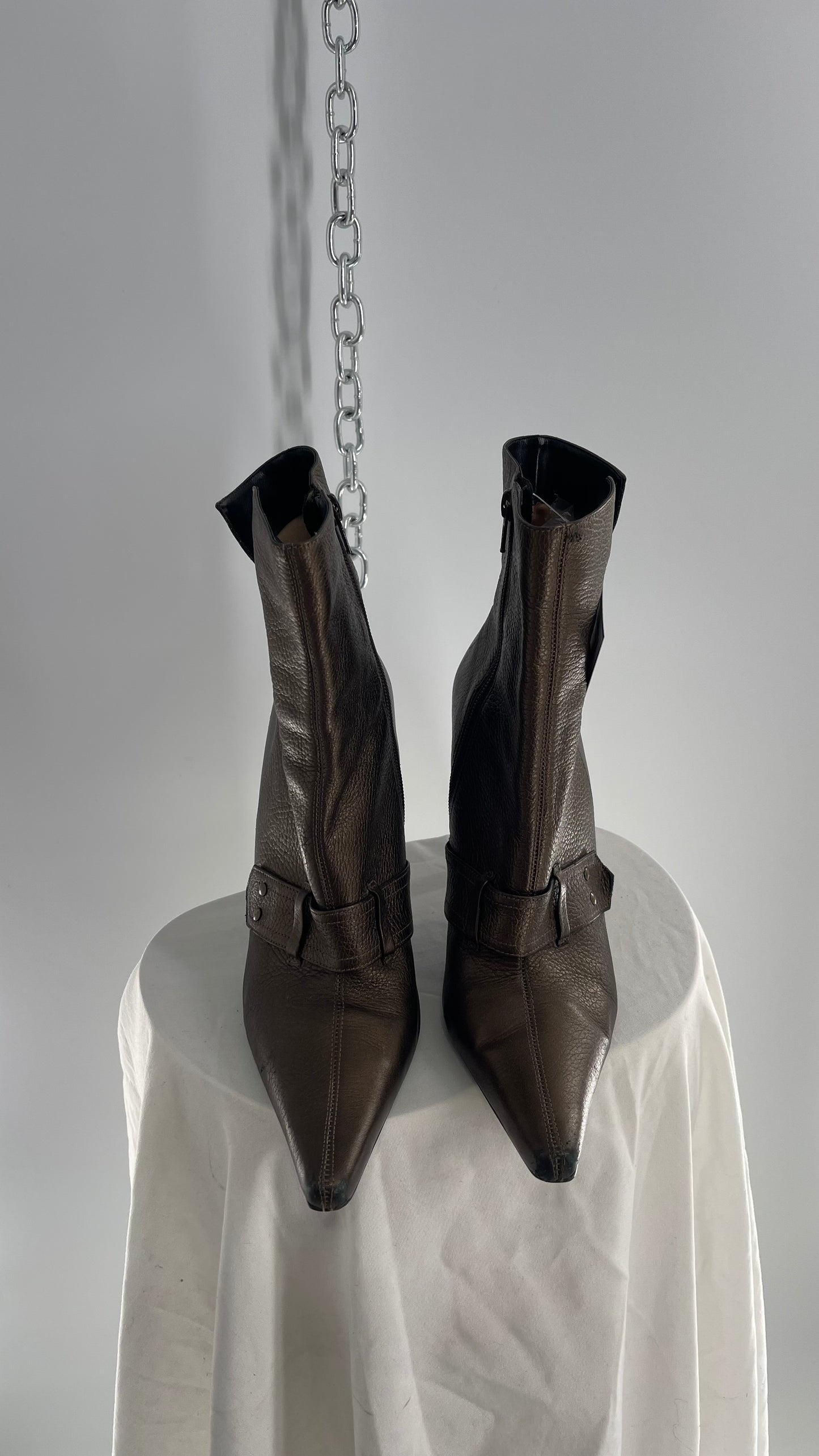 Vintage GIANNI Metallic Bronze Pointed Toe Buckle Strap Boots Made in Brazil (38)