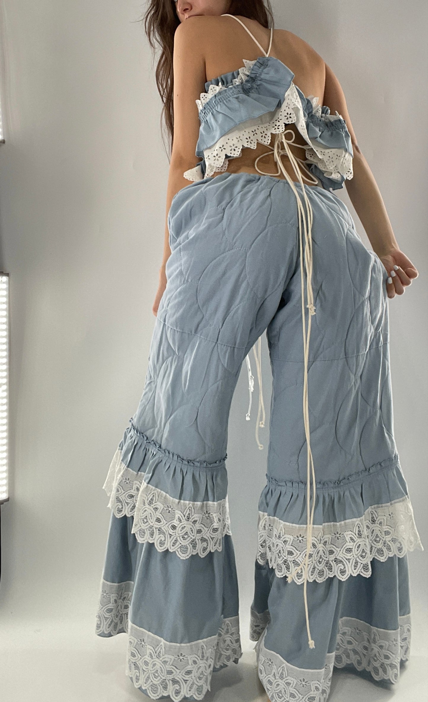 Vintage 2 Piece Powder Blue Set Featuring 2Way Blouse and Quilted Trousers Covered in Ruffles, Lace and Trim (One Size)