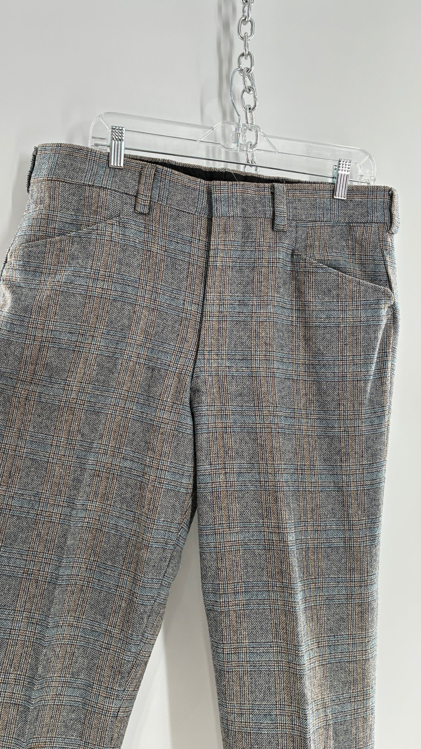 Vintage Handmade Wool Blend Woven Men’s Tailored Trousers with Grey Blue Plaid Pattern (35x32)