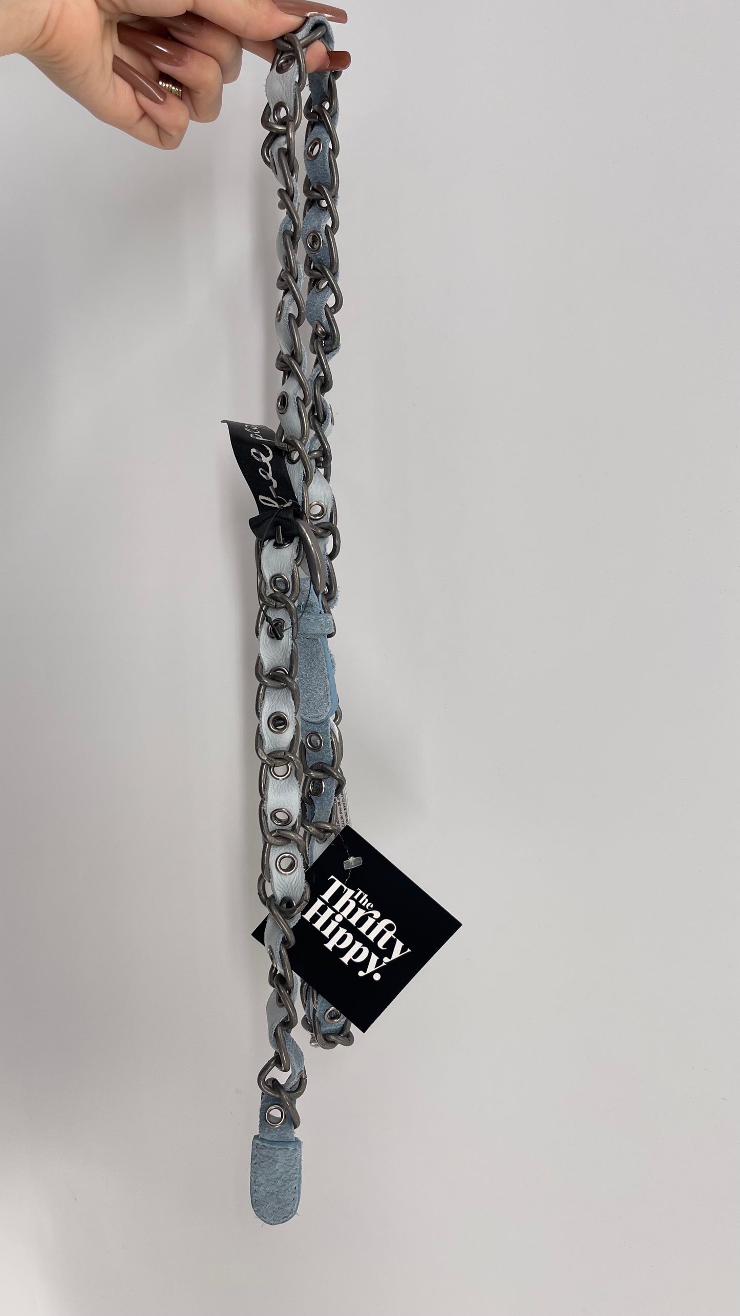 Free People Blue Suede Leather Braided Belt with Metal Chain Hardware (One Size)