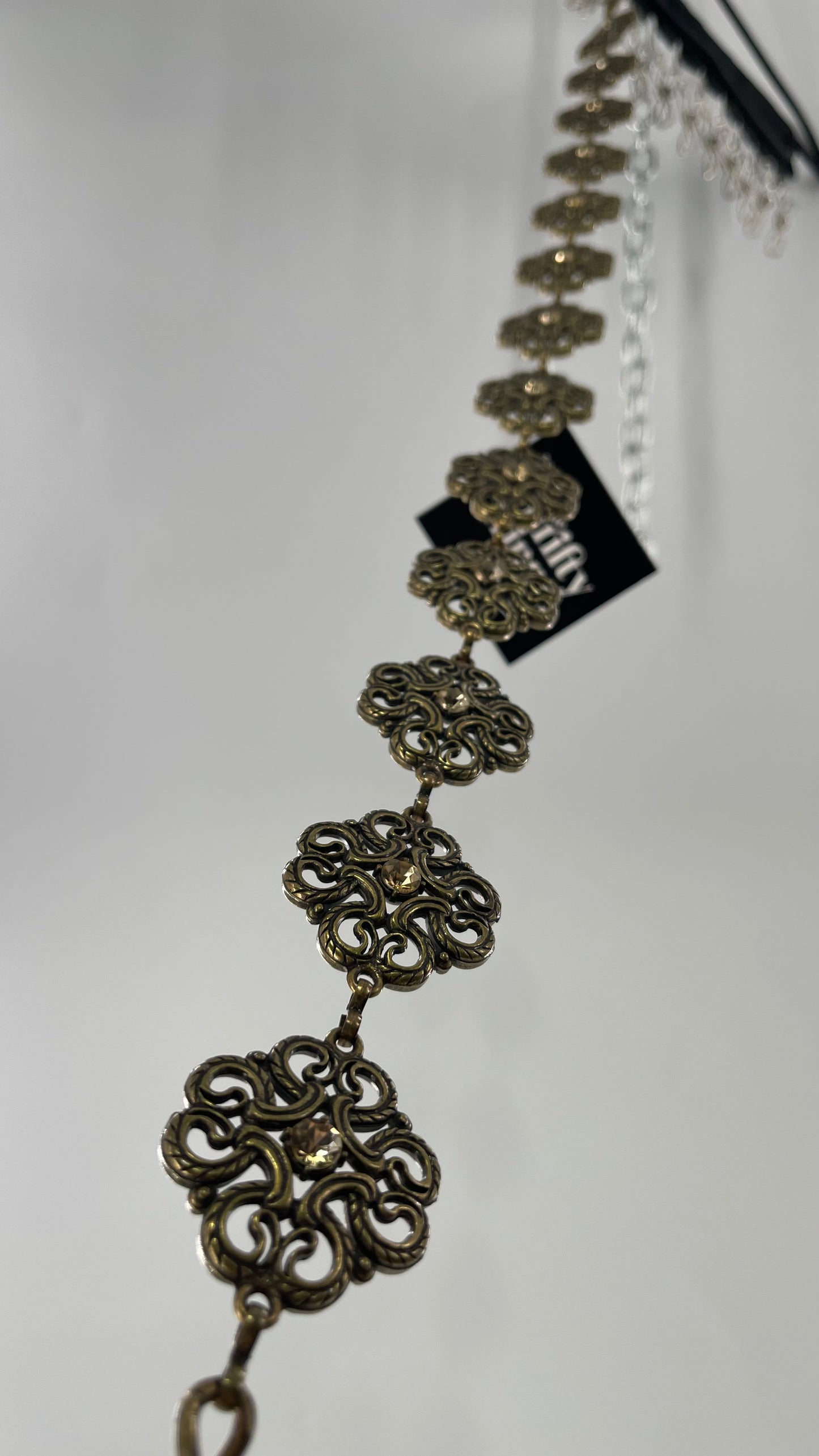 Vintage Gold/Bronze Metal Chain Belt with Rhinestone Embellishments (S/M)