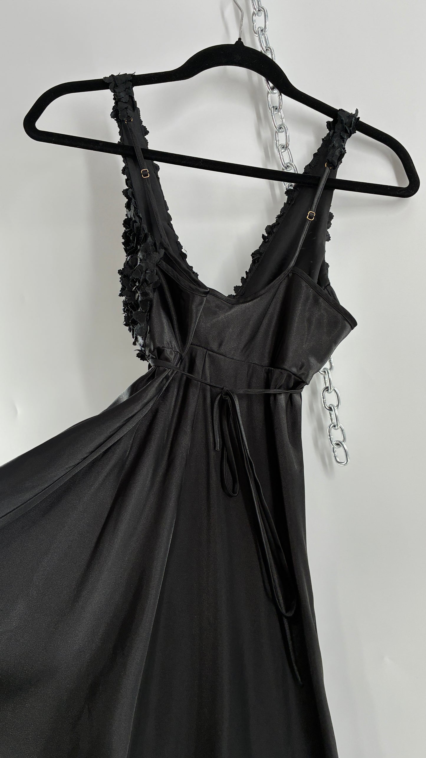 Vintage FLORA Black Slip Gown with Textured Floral Bust (Small)