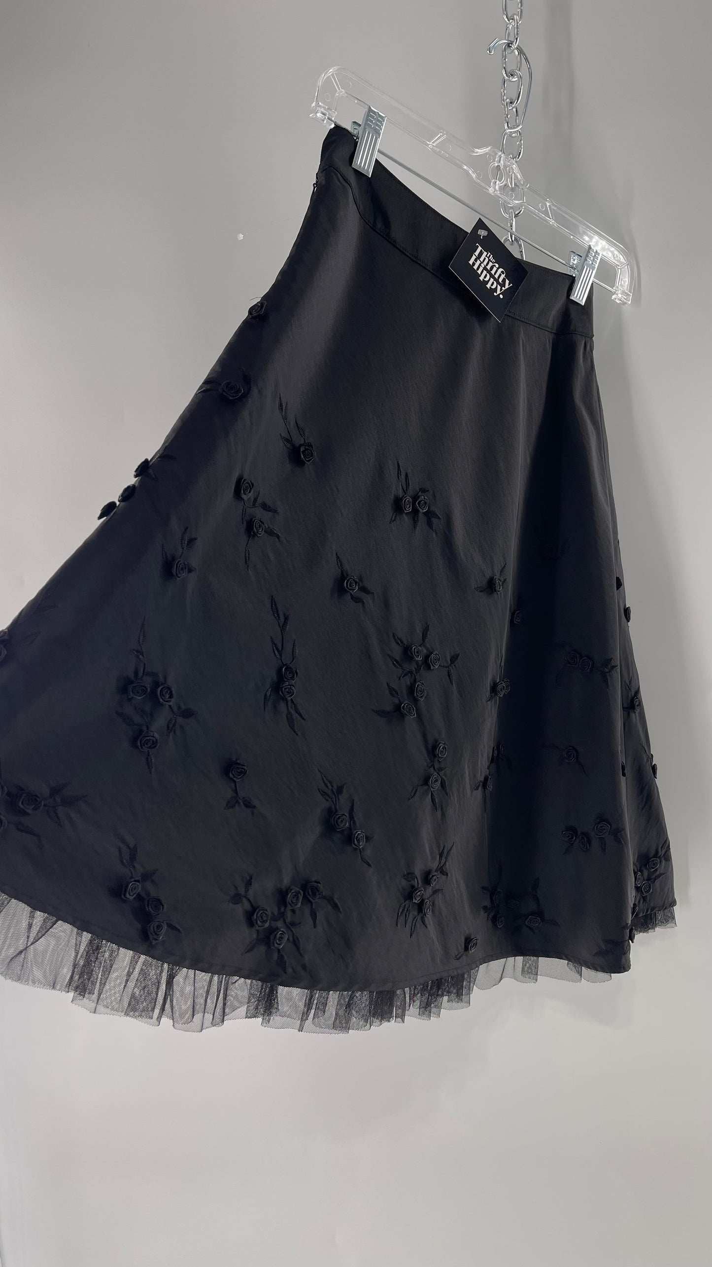 Vintage Josephine Chaus Petite Black Skirt with Rosettes and Mesh Underlay (6P)