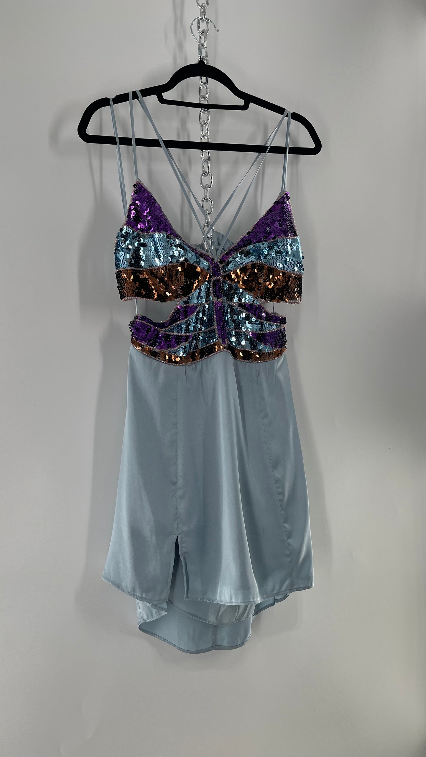 Urban Outfitters Light Blue Satin Butterfly Sequin Size L