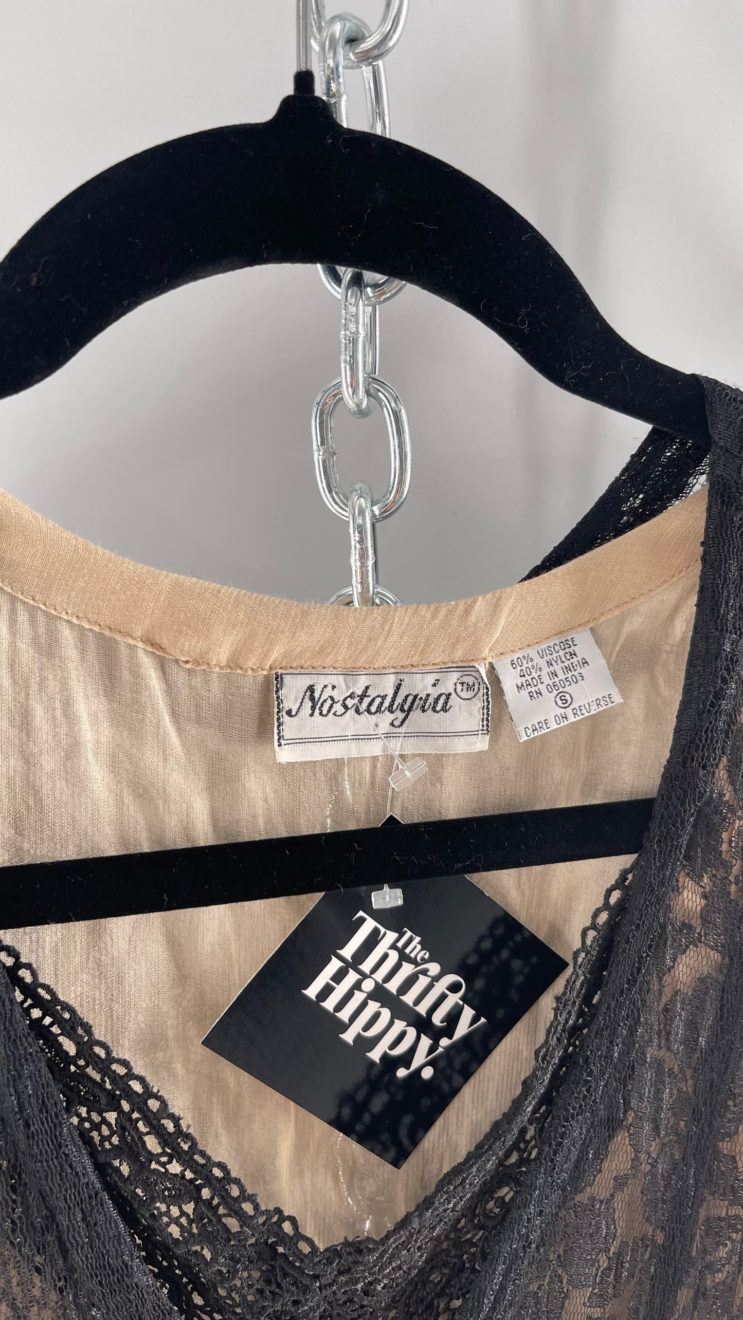 Nostalgia Vintage Black Lace Gown with Pleated Vents and Beige Underlay (Small)
