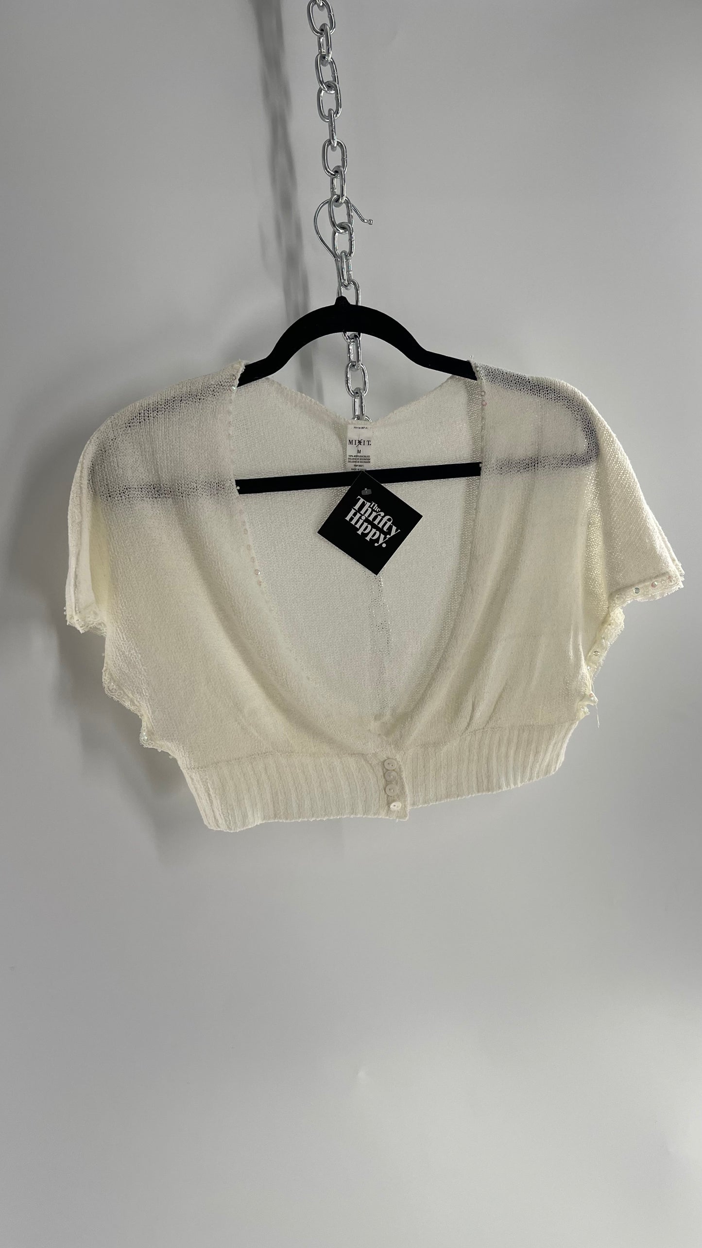 MIXIT VINTAGE White 100% Acrylic Cropped Shrug with Sequin and Button Detailing (Medium)