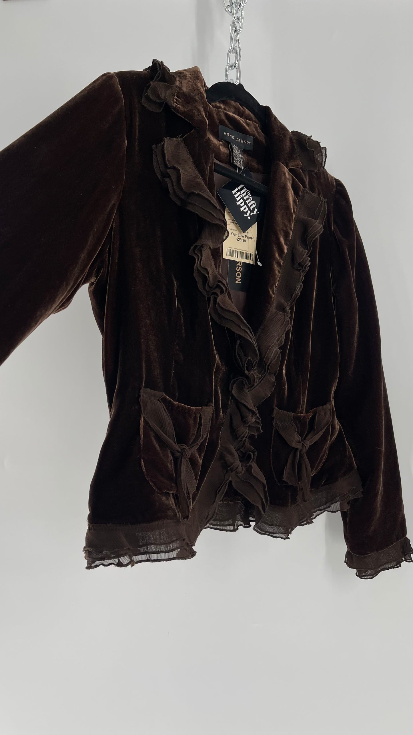 Deadstock Vintage Brown Velvet Anne Carson Blazer with Delicate Crepe Ruffled Hem and Bow Pockets (Medium)