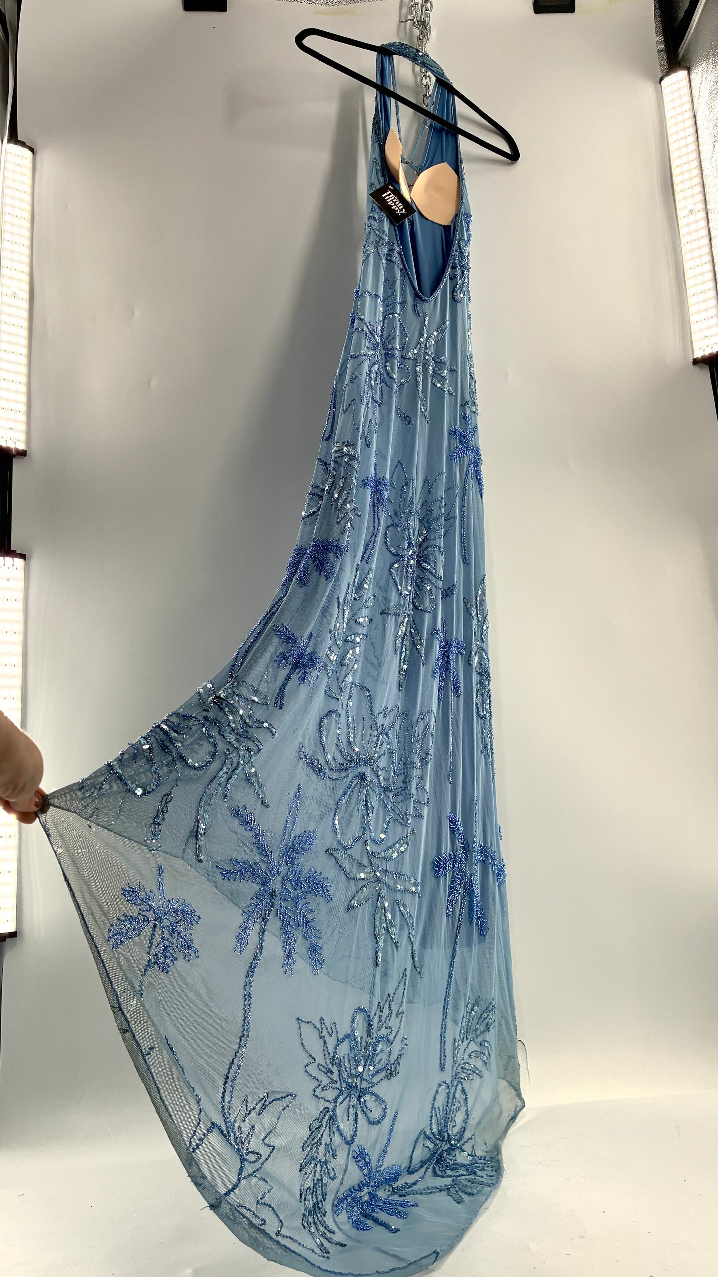 Vintage 1990s Powder Blue Gown Covered in Beaded Appliqué Tropical Designs with Strappy Bust and Low, Open Back (S/M, stretchy no size marked)