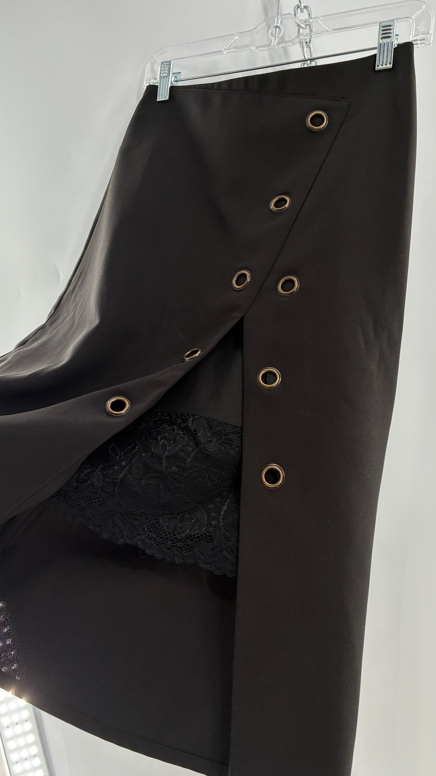 Vintage BYSI Black Skirt with Asymmetric Slit, Bronze Grommets and Lace Thigh Detail (EU36,UK8)