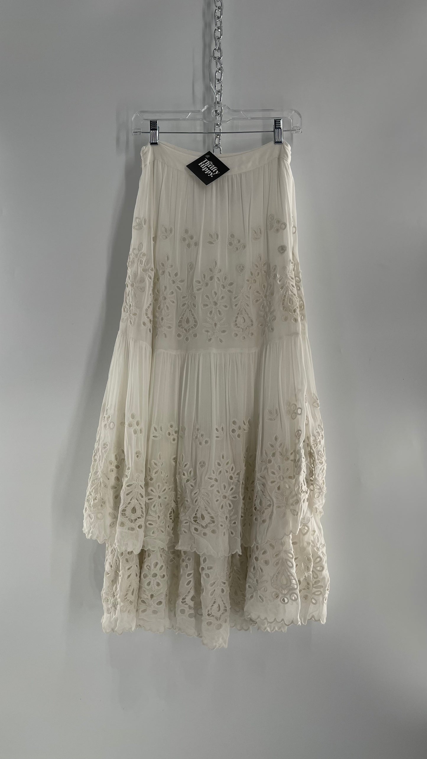 Free People White Embroidered Eyelet/Lace Voluminous Tiered Ruffle Full Length Skirt (4)