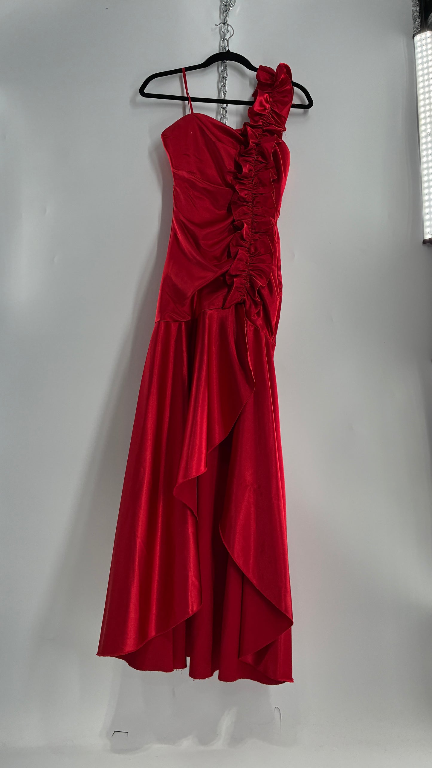 Vintage Ruby Rox Red Full Length One Shoulder Ruched Gown (3)