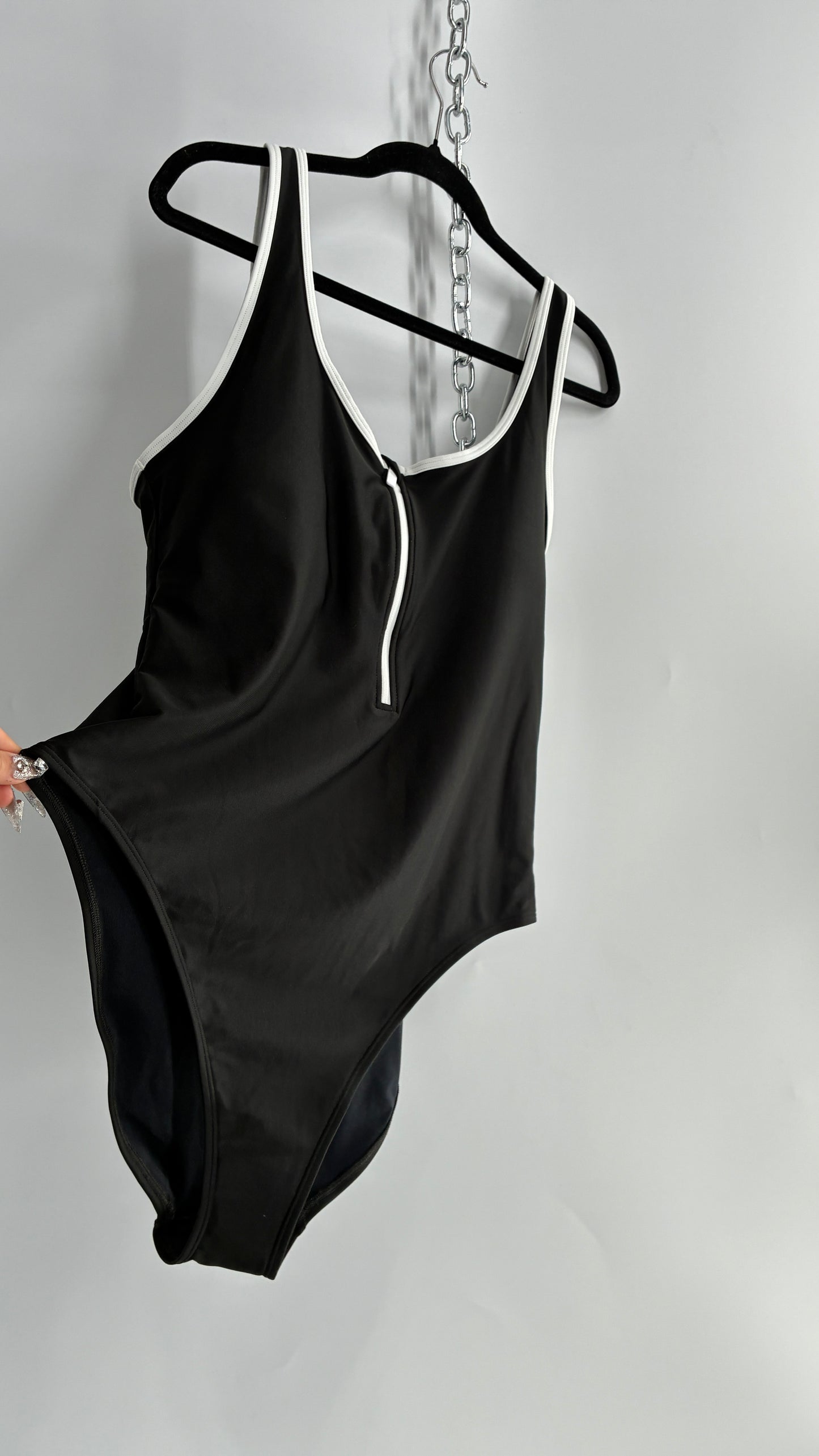 OLD NAVY Black Thick Zip Front Bathing Suit with Contrast White Piping and Tags Attached (XXL)