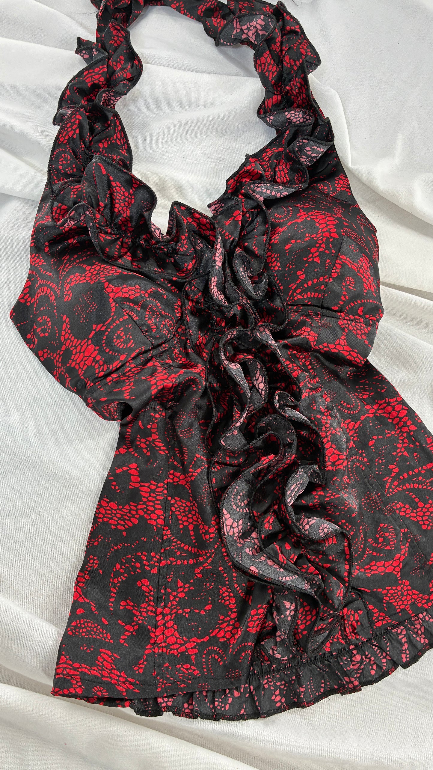 Vintage MYTH Red Black Lace Print Ruffle Halter with Padding (Medium)