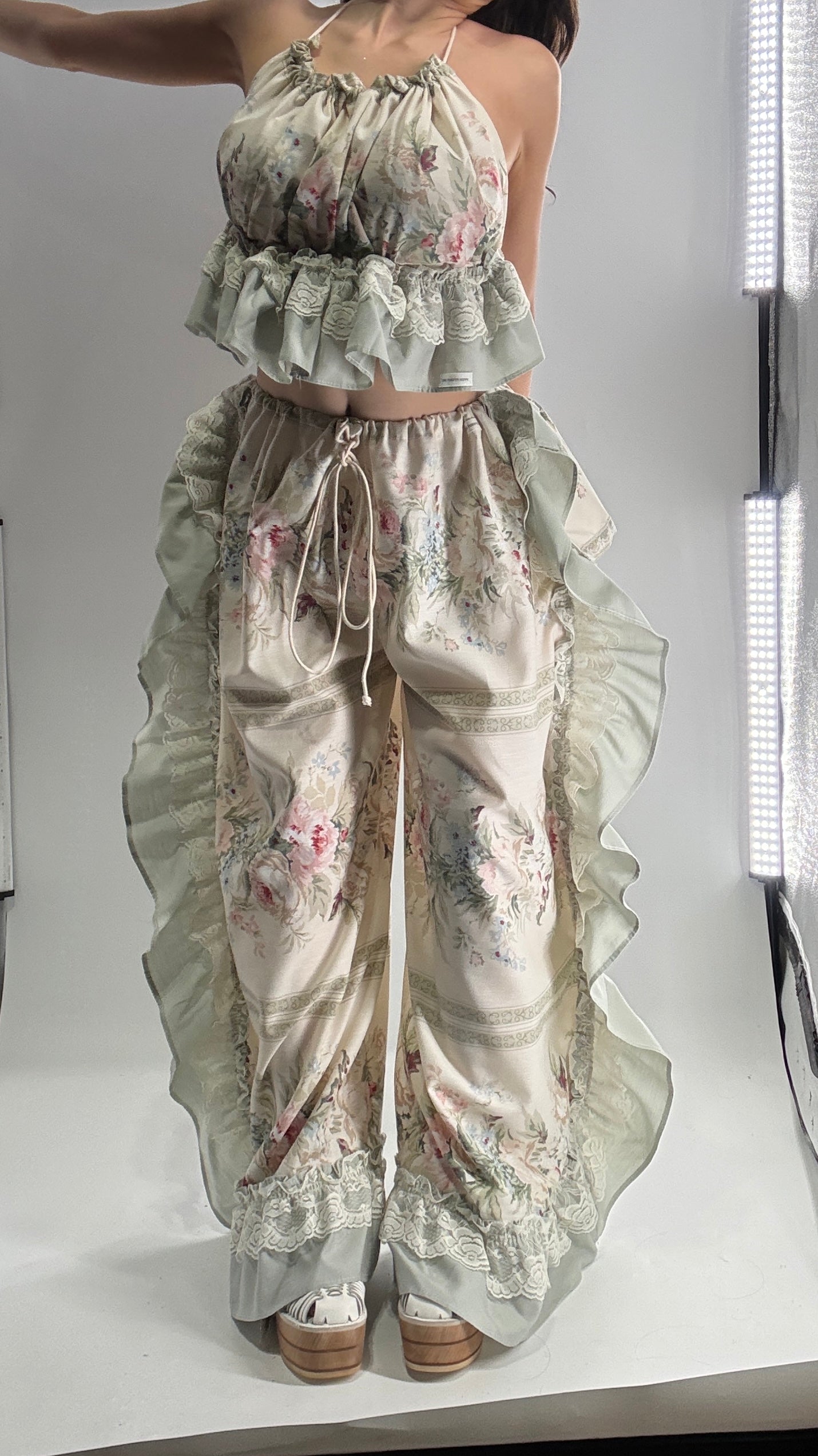 Handmade Vintage Muted Florals Two Piece Set with Adjustable Waist and Bust Lines (XS-XL)