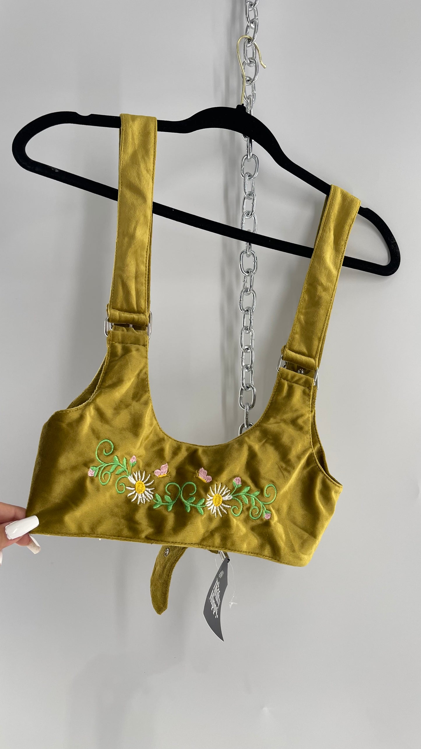 Urban Outfitters Greenish Gold Velour Body Harness with Embroidered Daisies and Butterflies (Large)