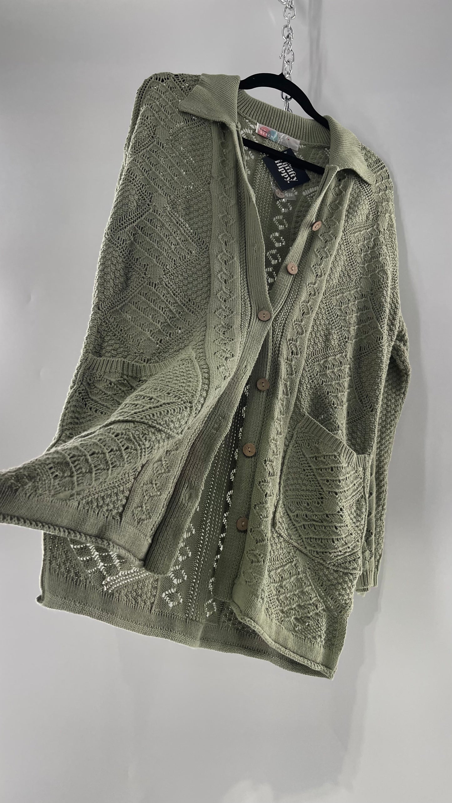 Free People Beach Sage Green Crochet Wooden Button Front Cardigan and Wide Leg Set (Medium)