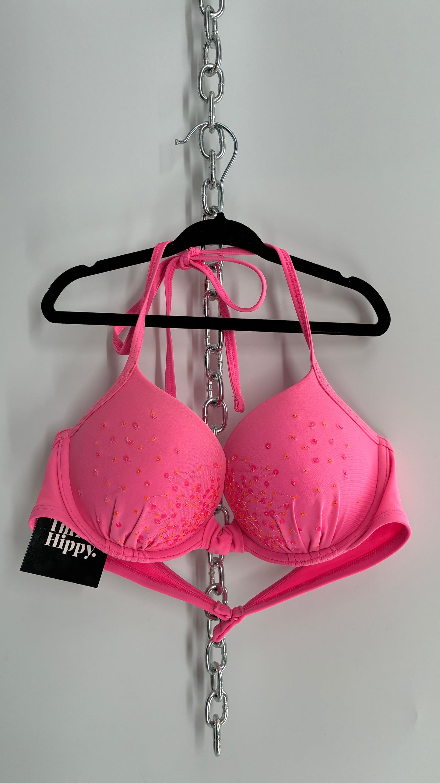AERIE Pink Underwire Halter Bikini Top with Sequin Details (36B)