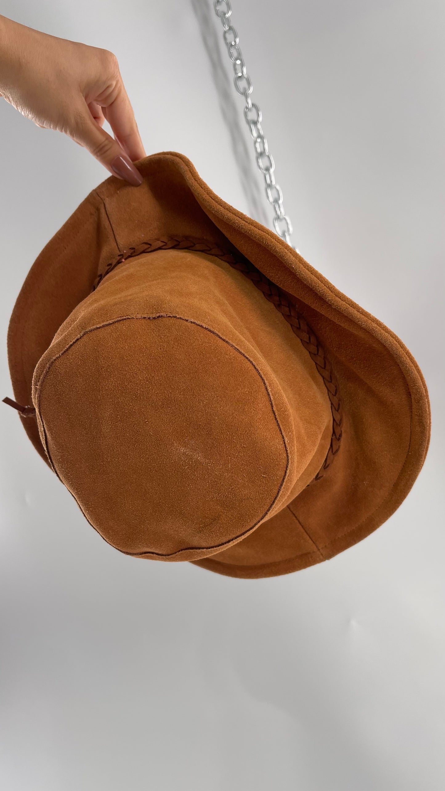 Free People Burnt Orange Suede Genuine Leather Sun Hat with Braided Belt