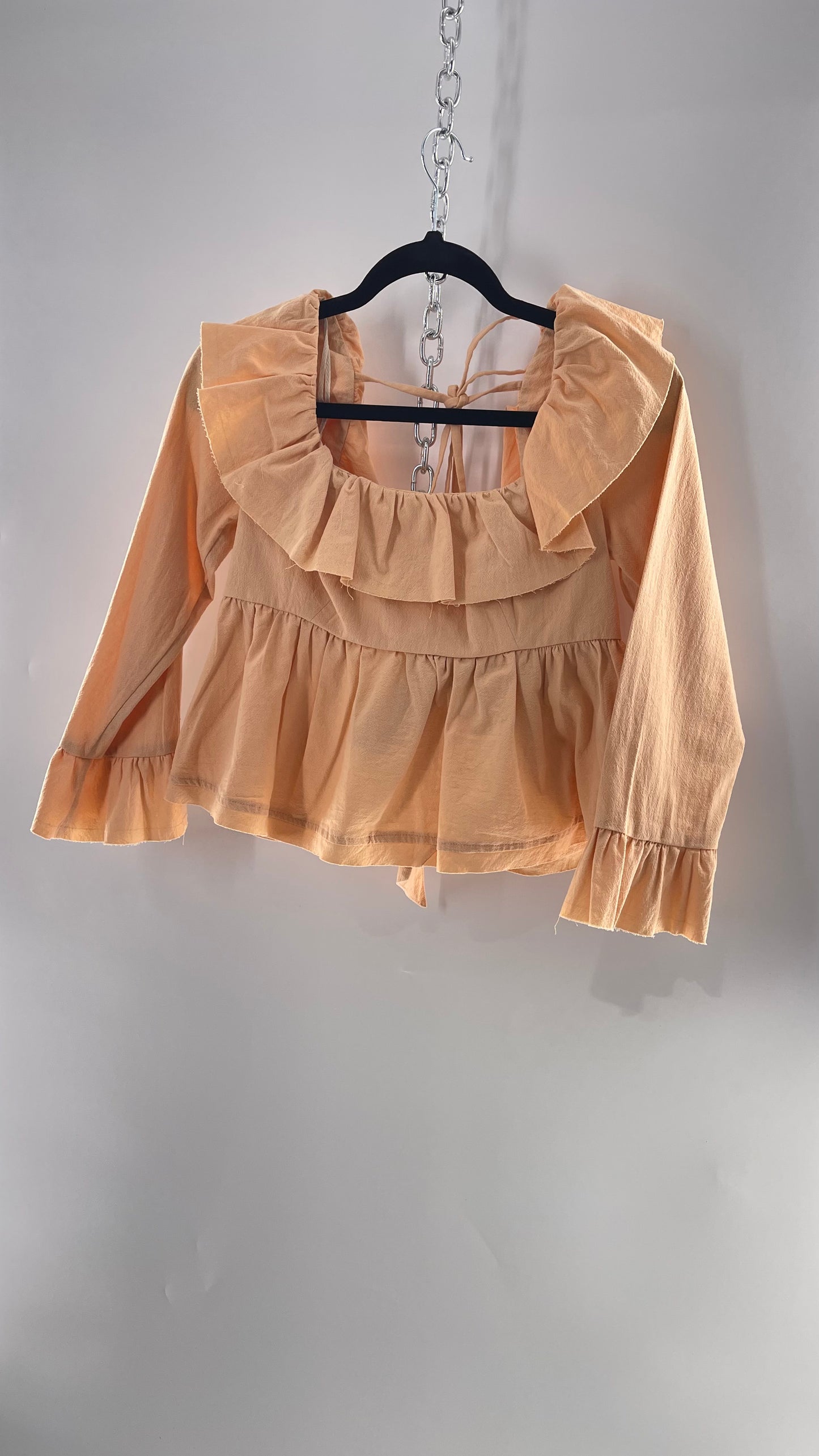 Free People Pumpkin Light Orange Backless Bow Back Cropped Blouse with Ruffle Sleeve and Neckline (XS)