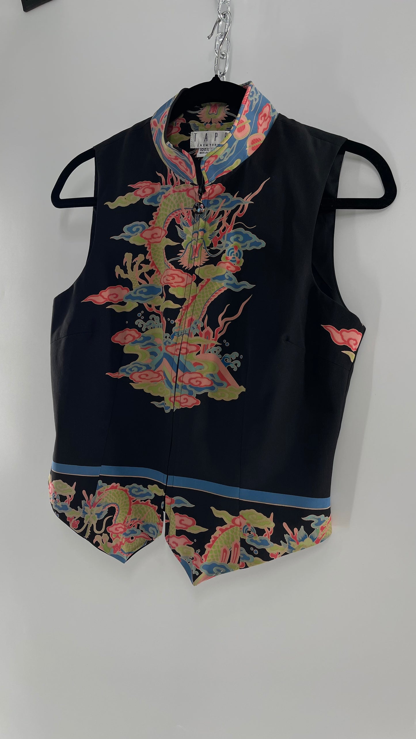 Vintage 1990s TAPP NEW YORK 100% Dragon Graphic Zip Front Crop Sleeveless Vest Top Silk (Medium)