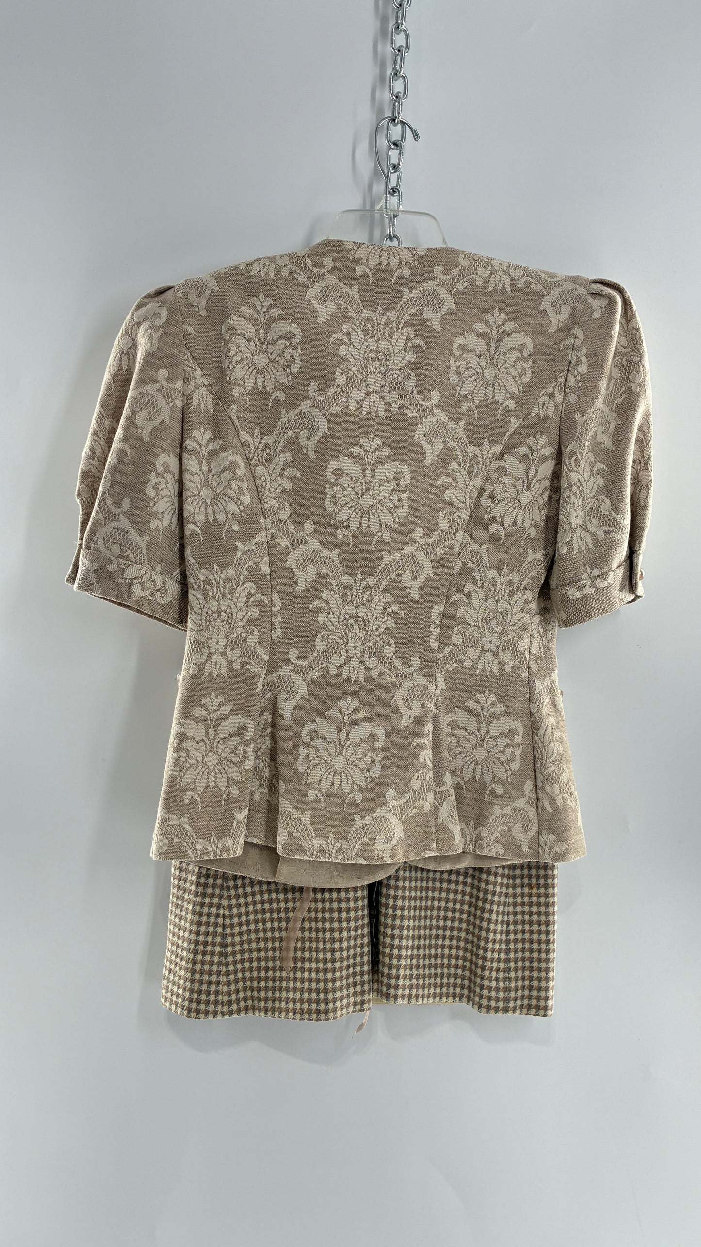 Vintage Suit Set with DONNA MORGAN Jacquard Puff Sleeves Tailored Slim Waist Suit Jacket with Upcycled Woven Mini Skirt (6)