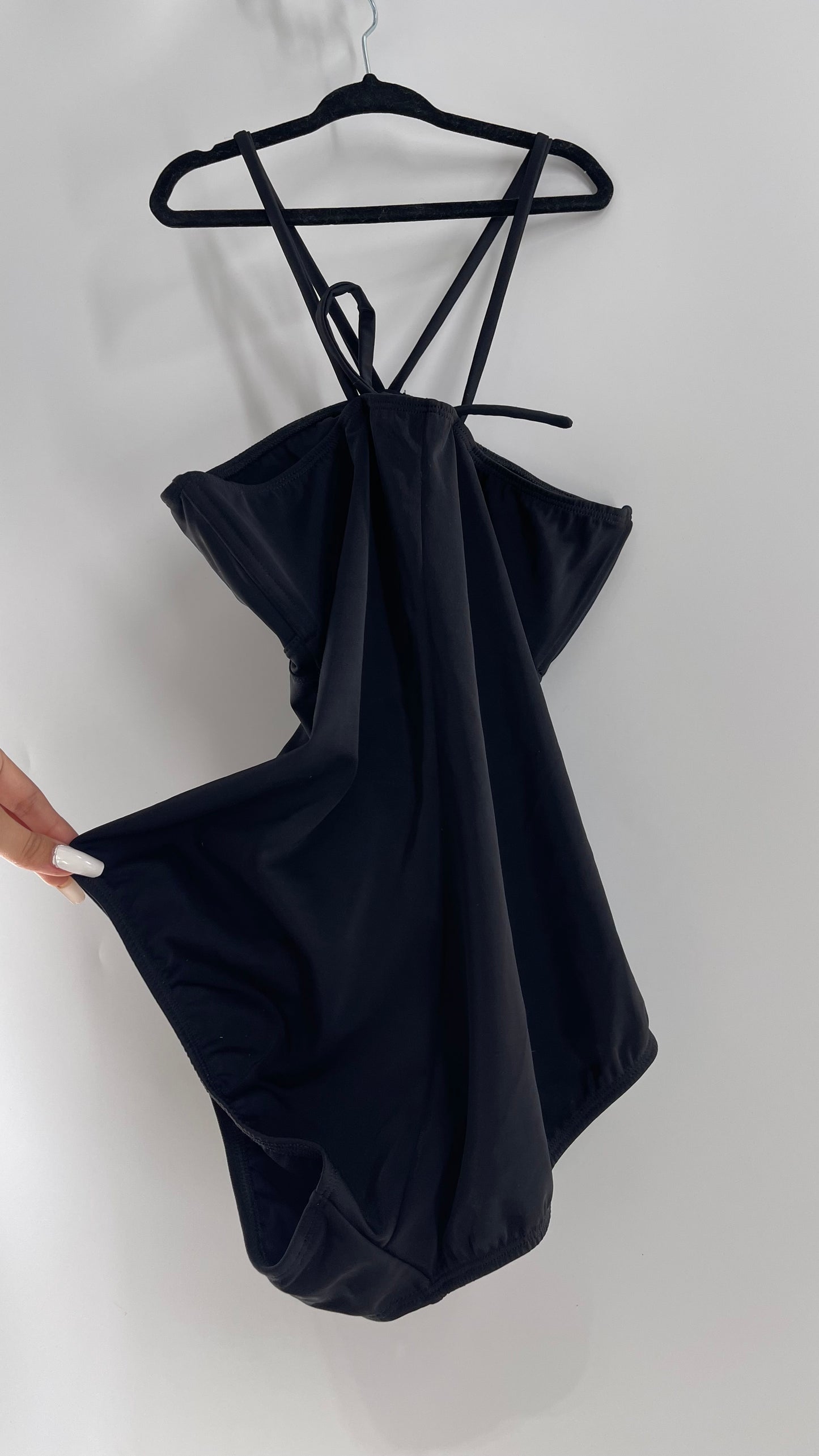 Malia Mils Black Bathing Suit with Ruched Halter (Small)