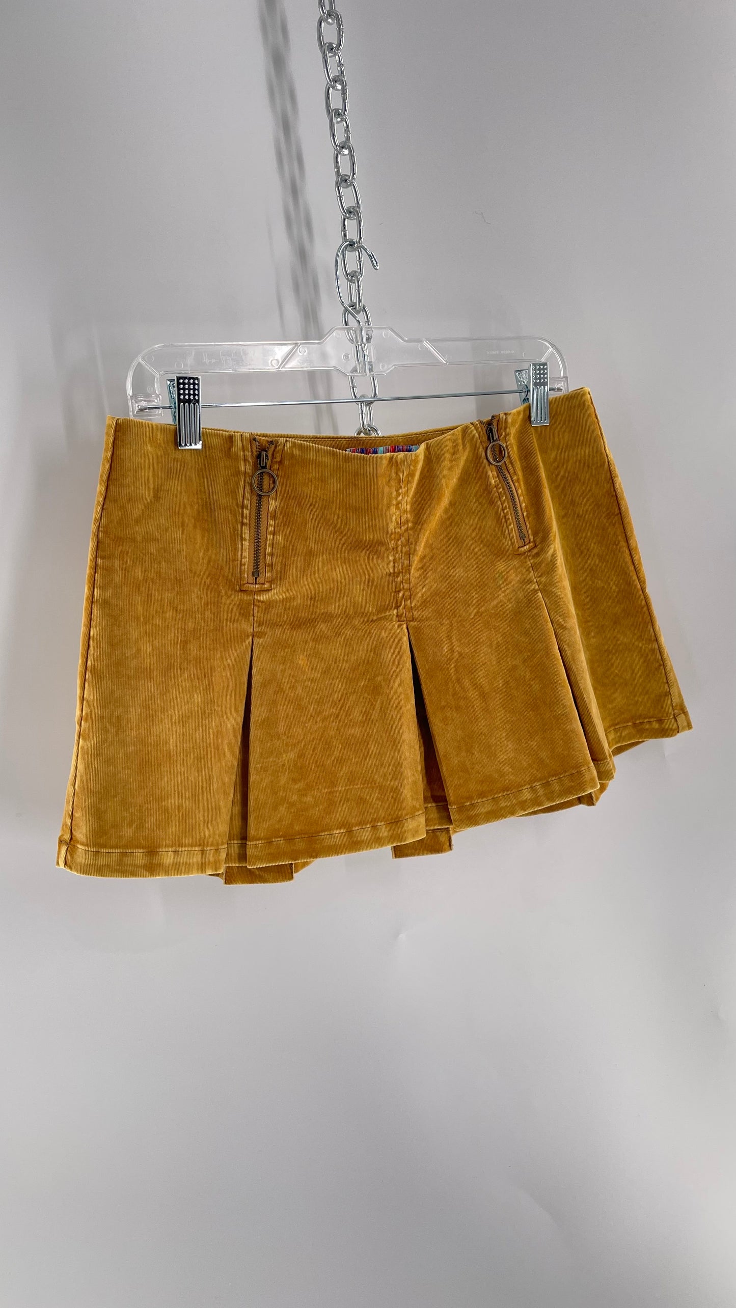 Urban Outfitters Mustard Corduroy Pleated Micro Mini Skirt with Brass Hip Zippers (Medium)