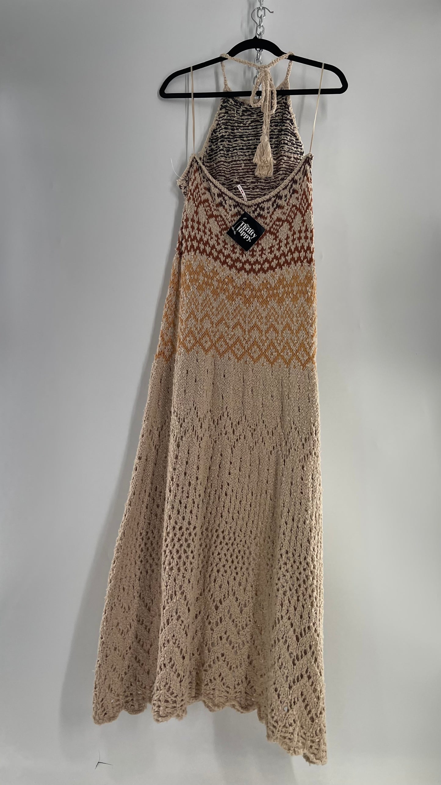 Free People Beige Ikat Oasis Knit Halter Maxi Dress (Small)