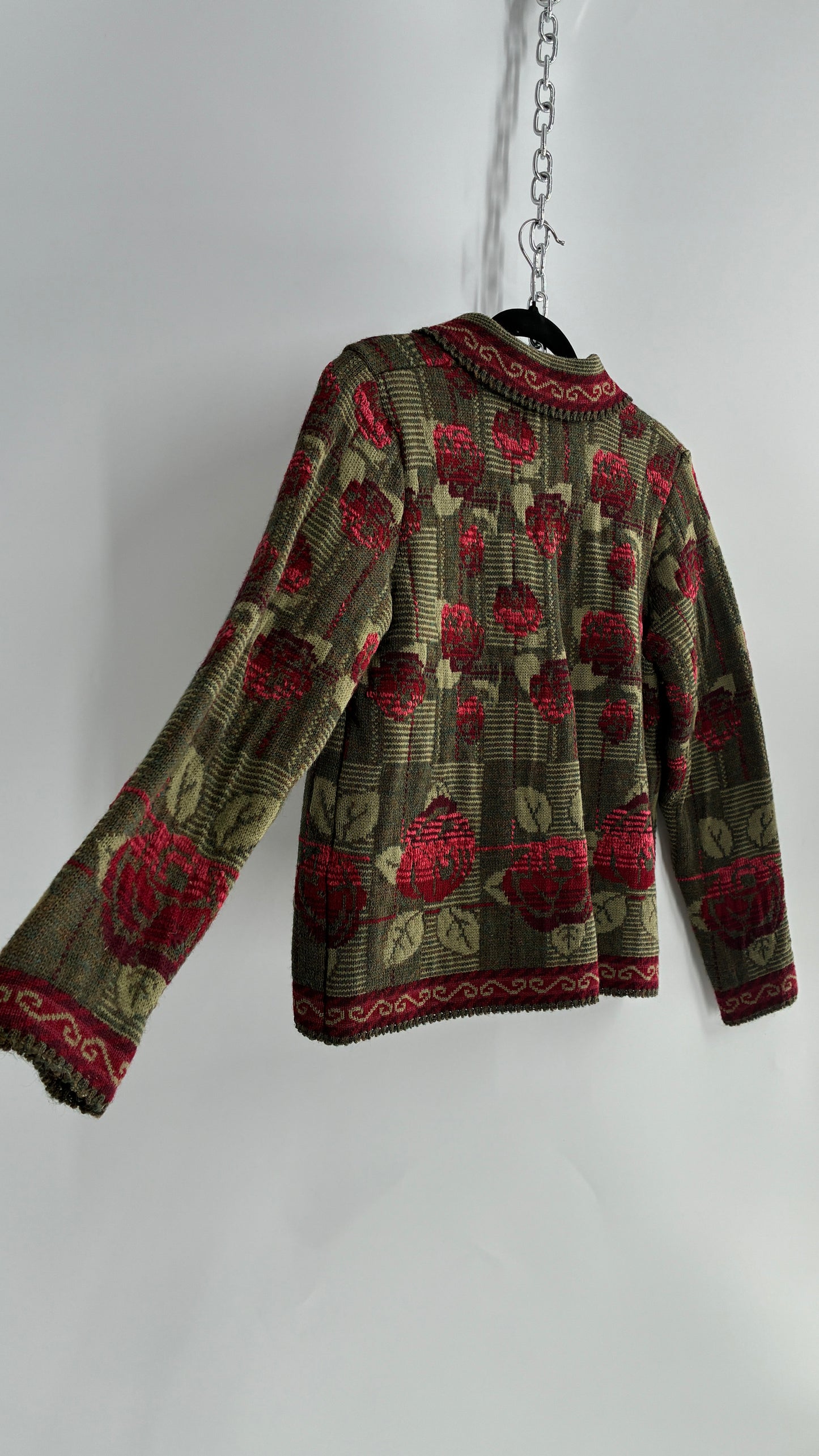 Vintage Cherry Lewis Made in England 81% Wool Thick Knit Sweater Jacket with Rosettes (Small)