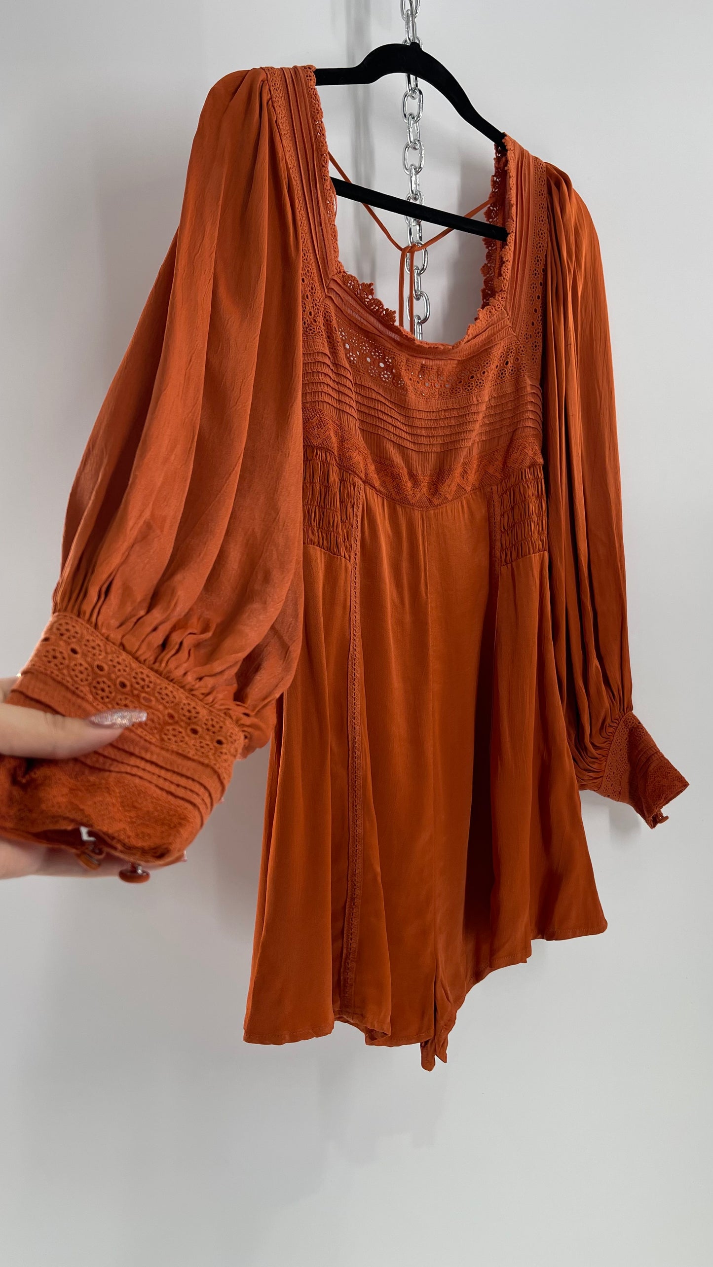 Free People Silky Orange Romper with Buttoned Sleeve Cuffs, Balloon Sleeves and Pleated Lace Bust (2)