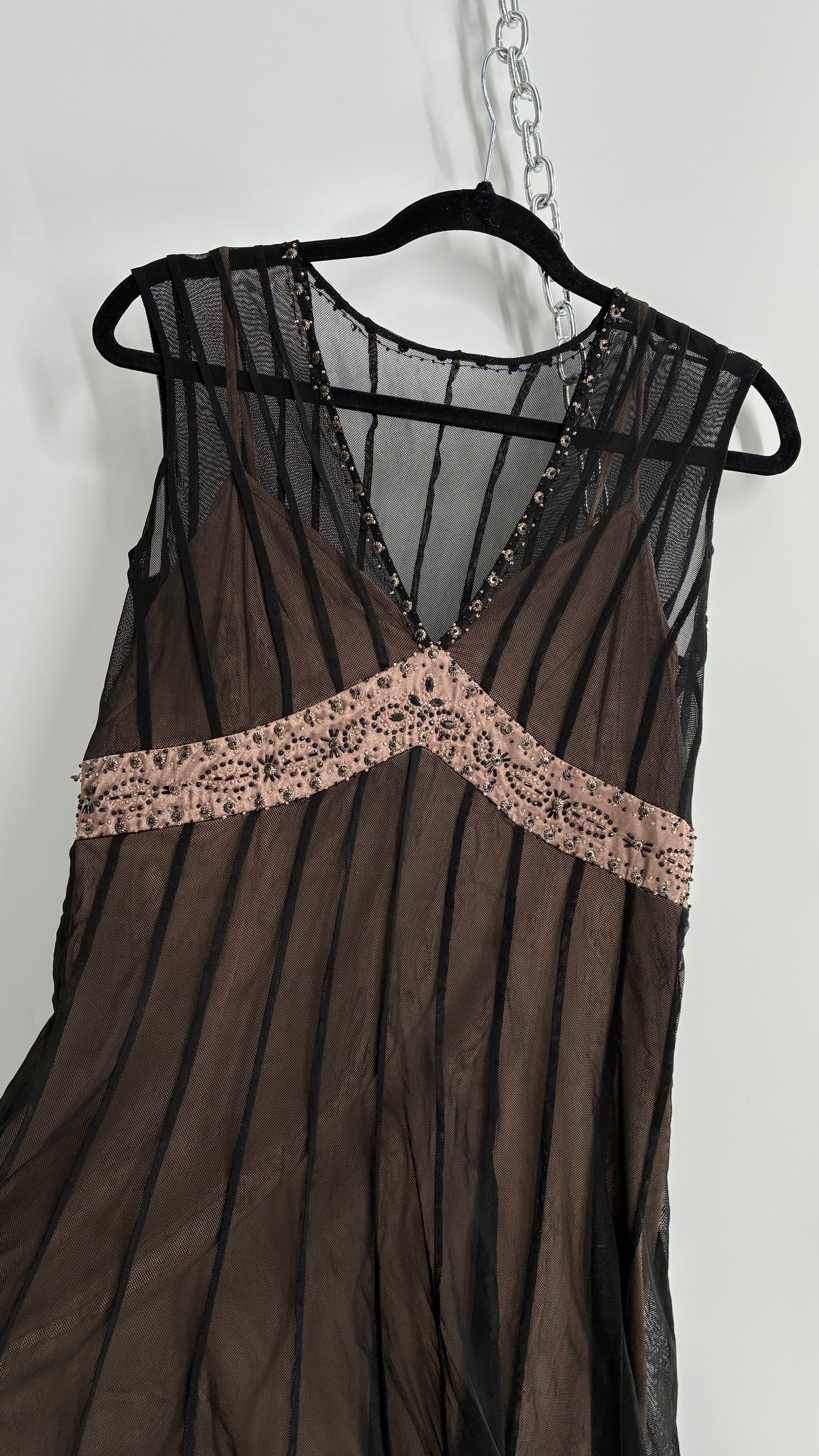 ECI NEW YORK Nude Camisole Dress with Black Mesh Overlay and Beaded Details (8)