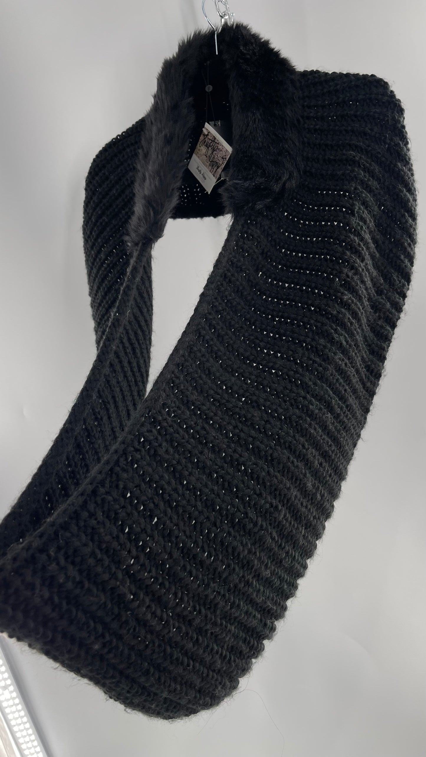 Comma Black Knit Infinity Scarf with Fur Trim Collar and Tags Attached