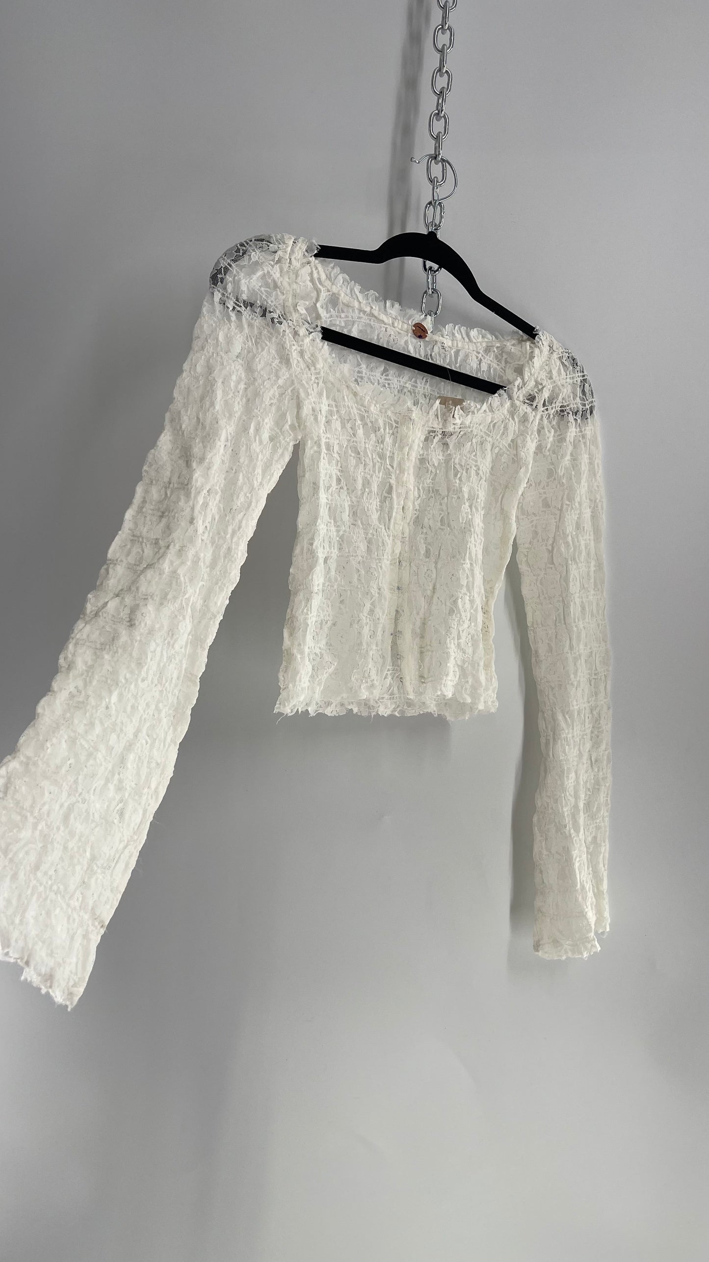 Free People White Smocked Lace Long Sleeve with Eyelet Closure (Small)