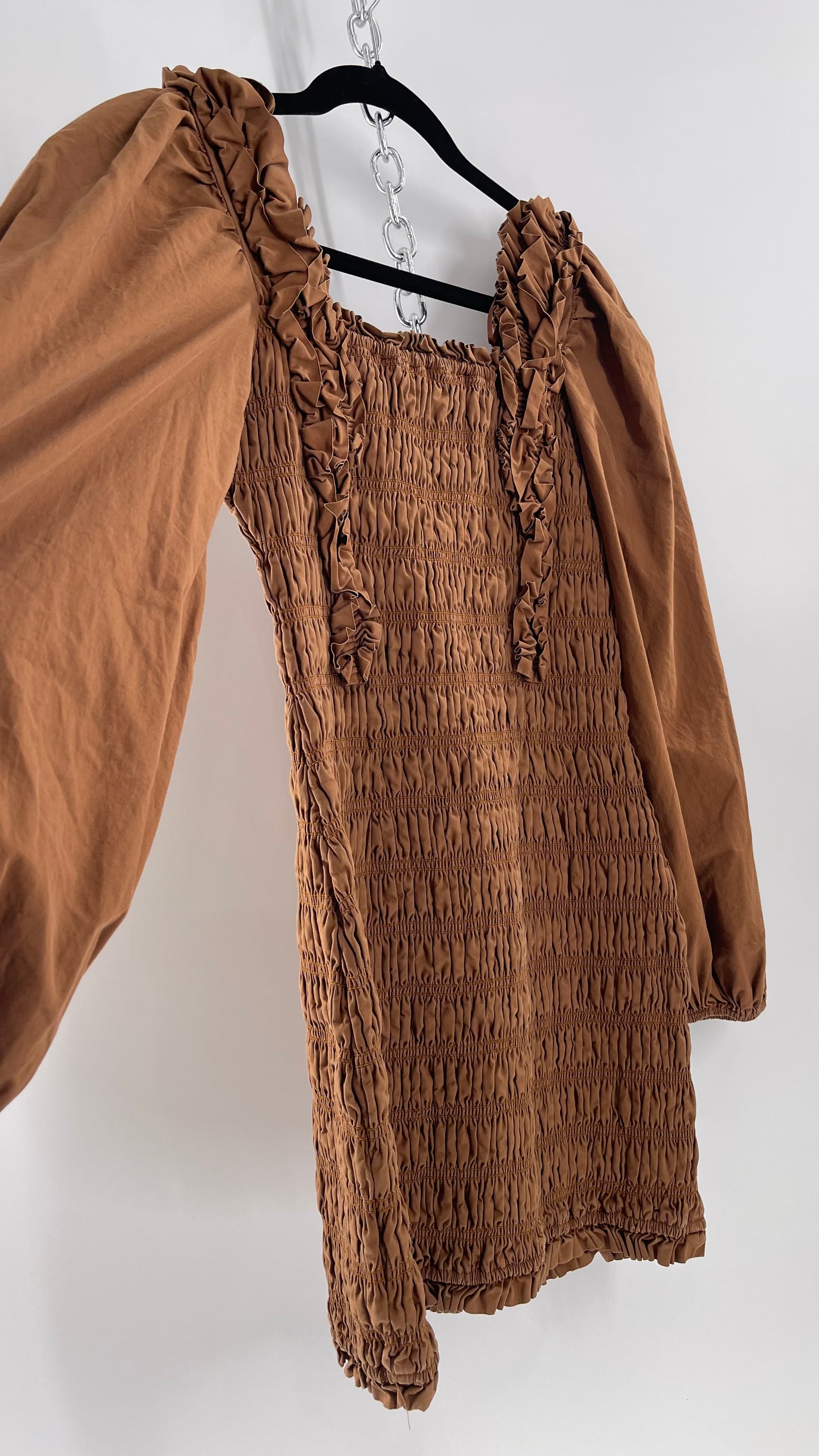 Endless Rose Anthropologie Brown Smocked Ruffle Front Puff Sleeve Mini Dress (Medium)