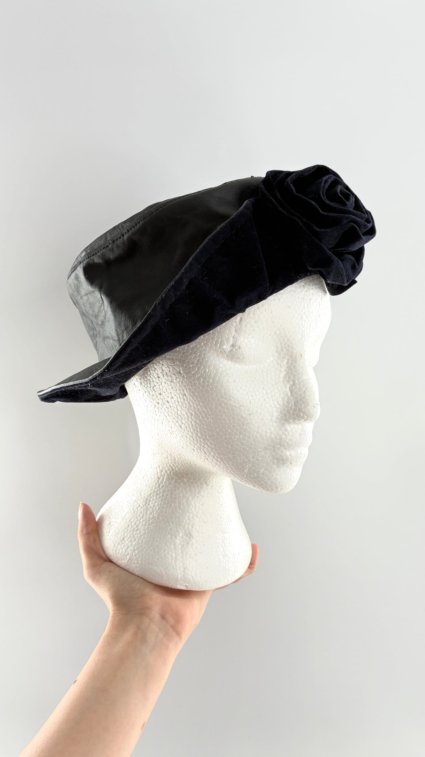 Vintage HENSCHEL HAT CO Missouri Leather Bucket Hat with Rosette (Medium)