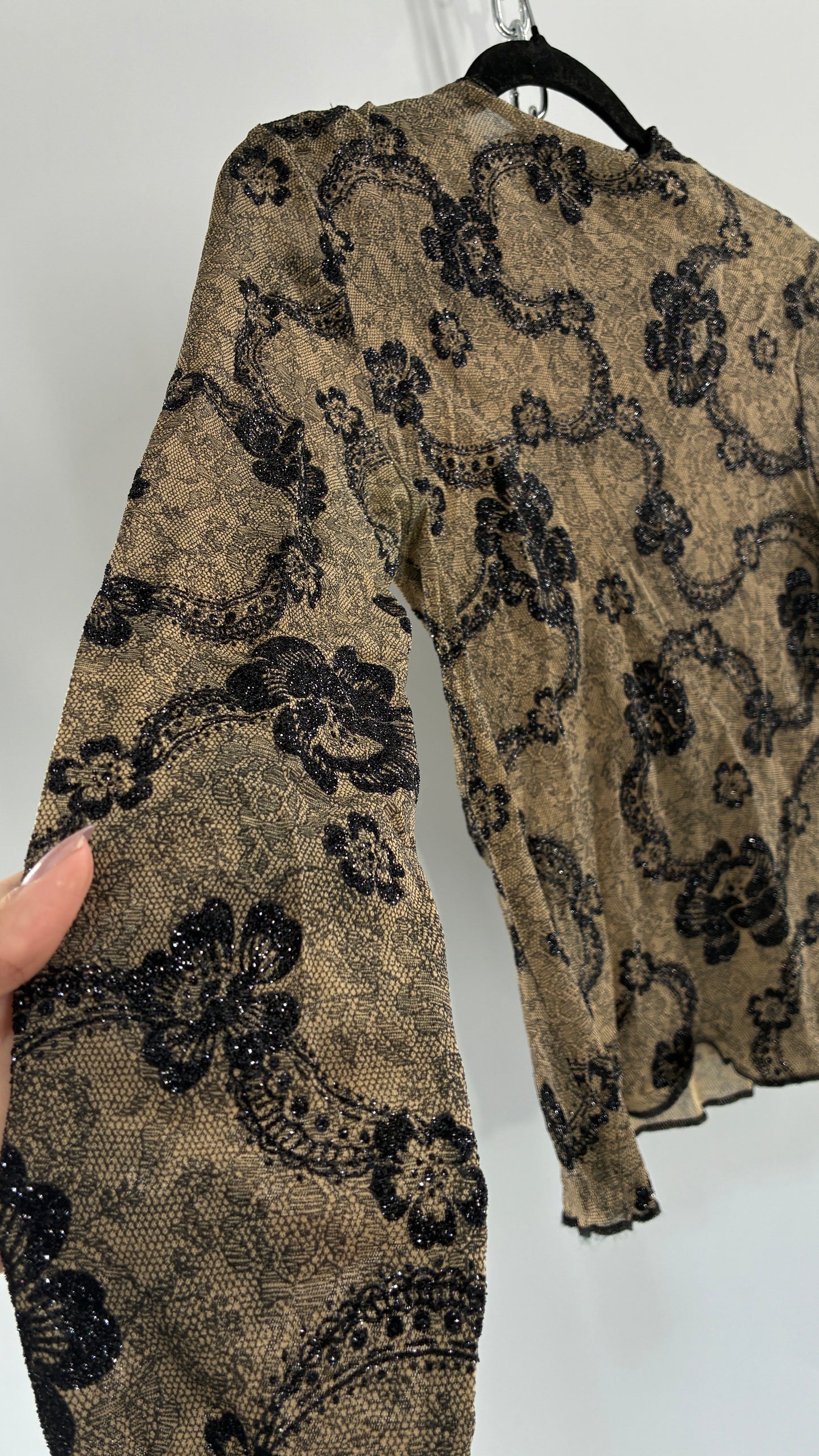 Vintage NEWPORT NEWS Sheer Lace Top with Glitter Floral Design (S/M)