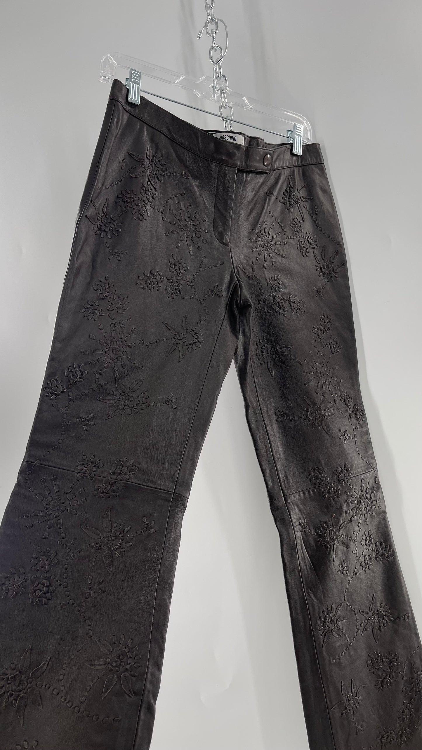 Moschino Brown Leather Embroidered Pants (10) ***WITH TAGS***