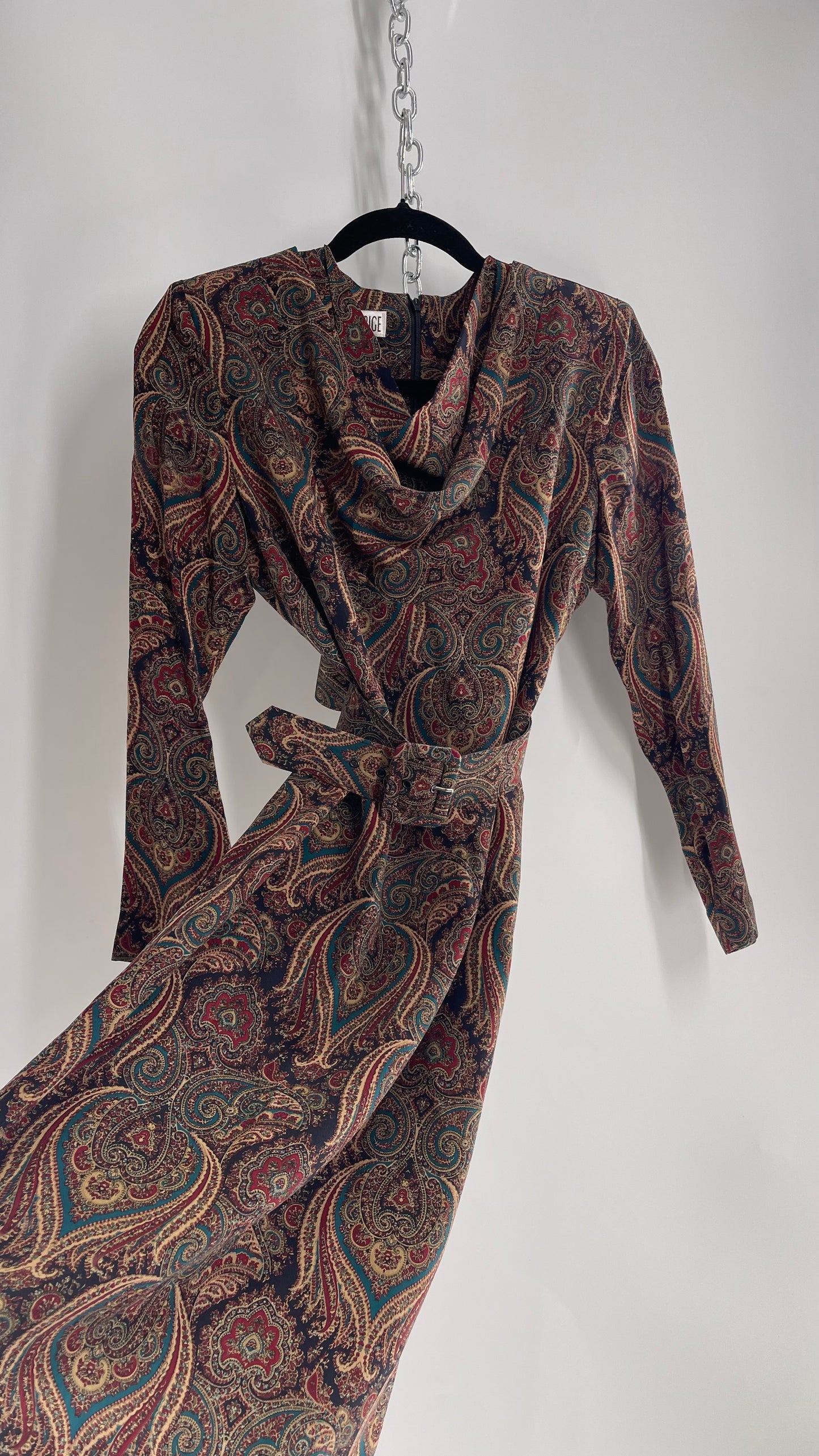 Vintage 100% Silk Paisley Belted Dress with Cowl Neckline (8)