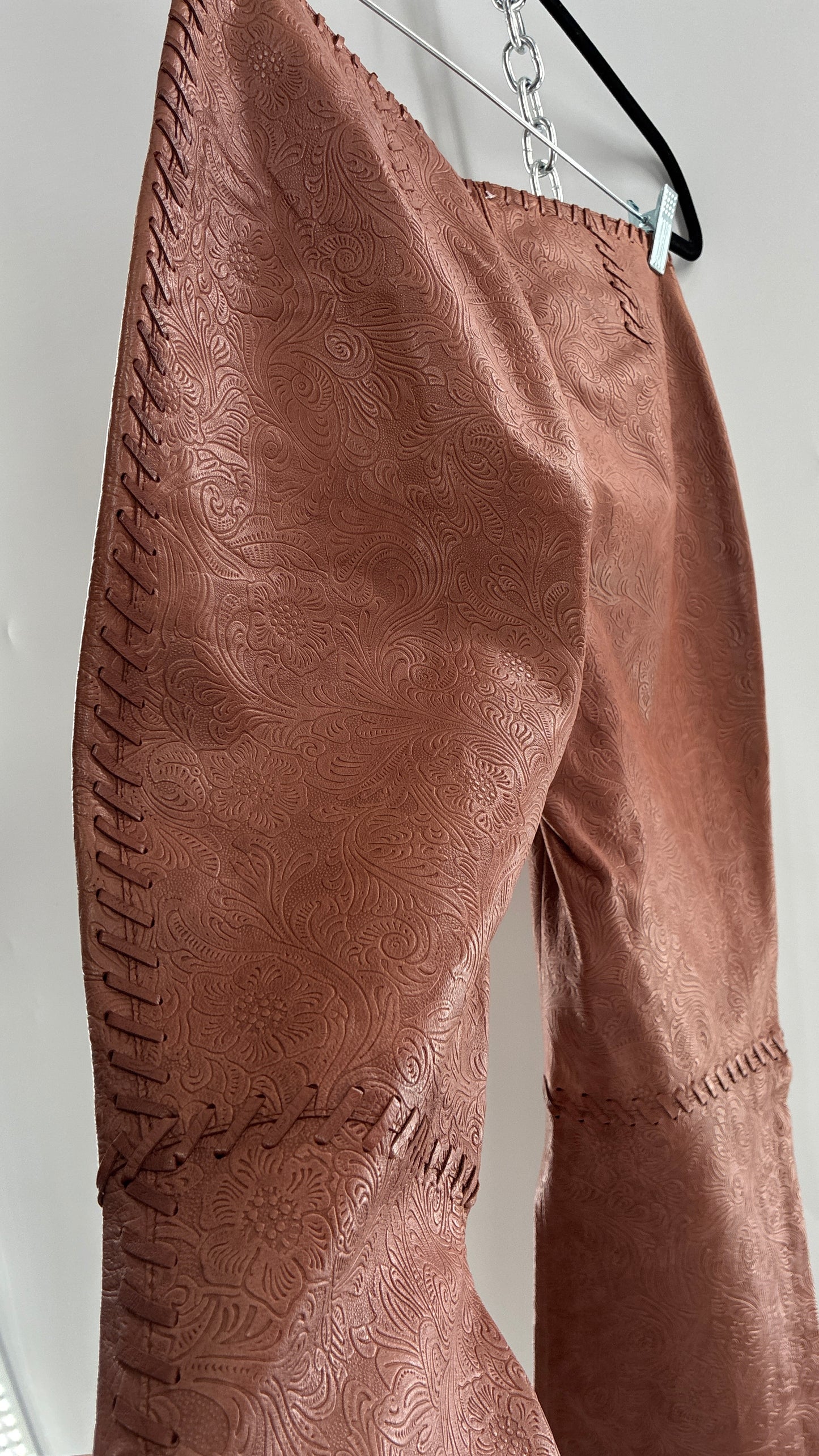 Vintage Embossed Paisley Patterned Genuine Leather Pants with Stitching Details (No Label Unbranded, S)