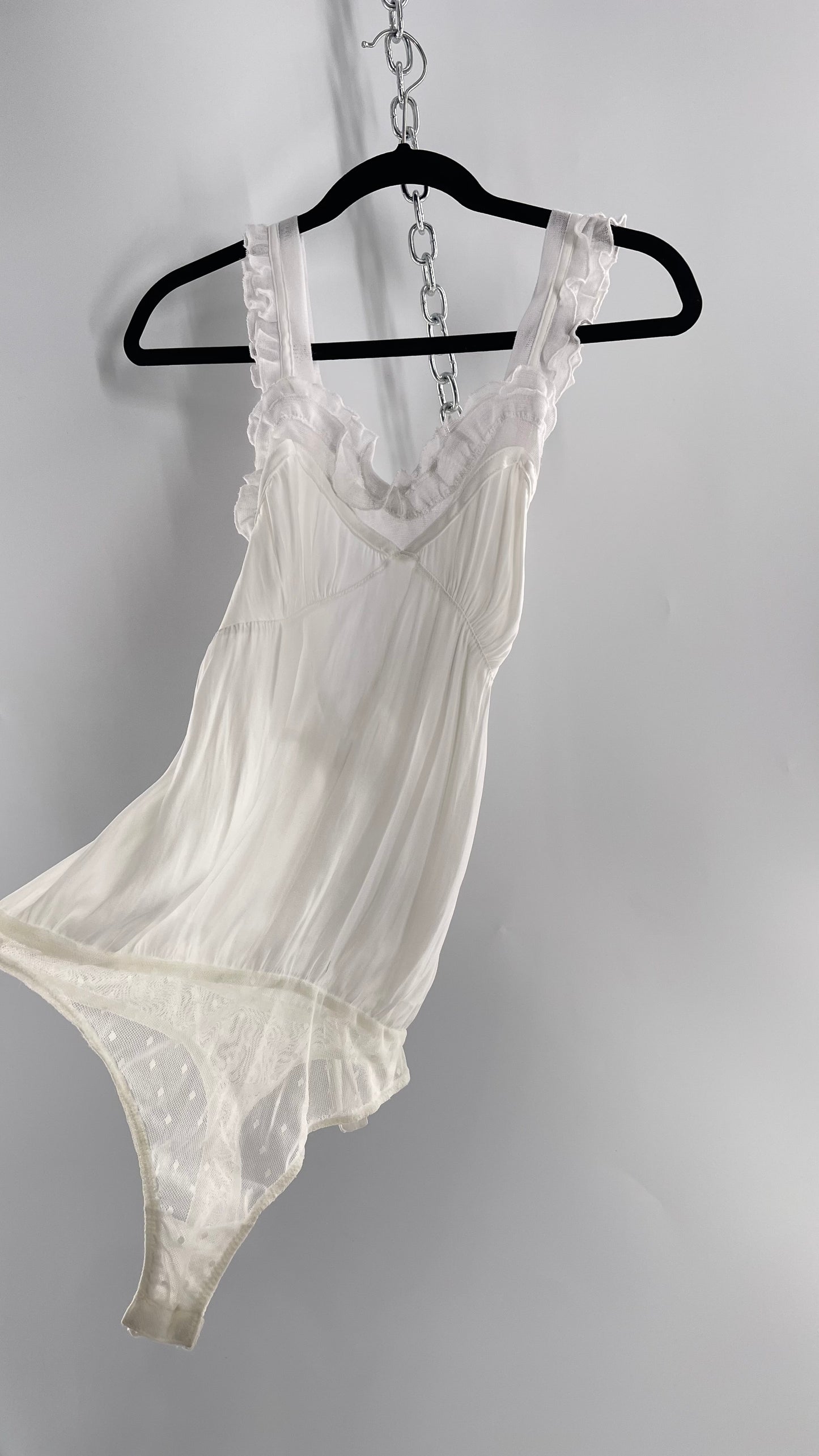 Free People White Silky Soft Bodysuit with Ruffled Bust-line and Straps (M)